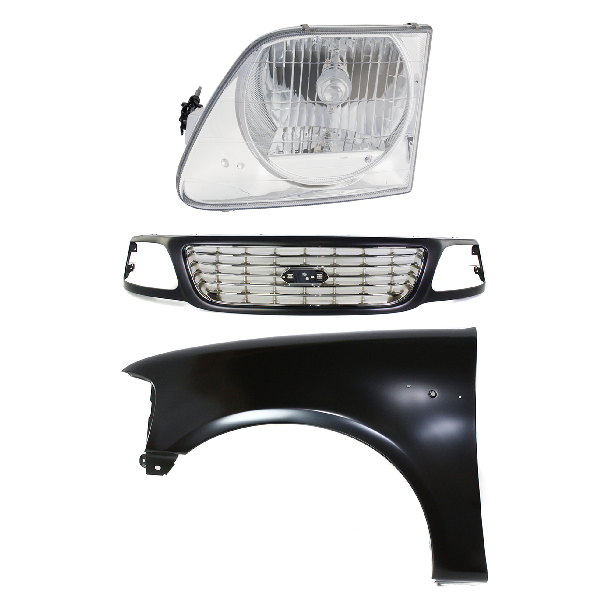AM F 150-01-03 F 150 HERITAGE 04-04 GRILLE Black Shell with Chrome Insert 3 pc Kit with Fender and Headlight SKU KIT 022423-98902 Partslink FO1200423 FO1240191 FO2502182 OEM 3L3Z8200AC 2L3Z16006BA 3L3Z130