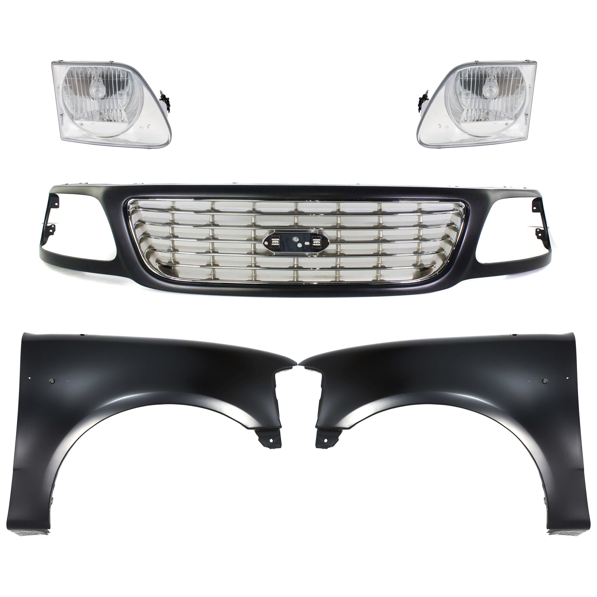 AM F 150-01-03 F 150 HERITAGE 04-04 GRILLE Black Shell with Chrome Insert 5 pc Kit with Fenders and Headlights SKU KIT 022423-989 Partslink FO1200423 FO1241191 FO1240191 FO2503182 FO2502182 OEM 3L3Z8200AC 2L3Z16005BA 2L3Z160
