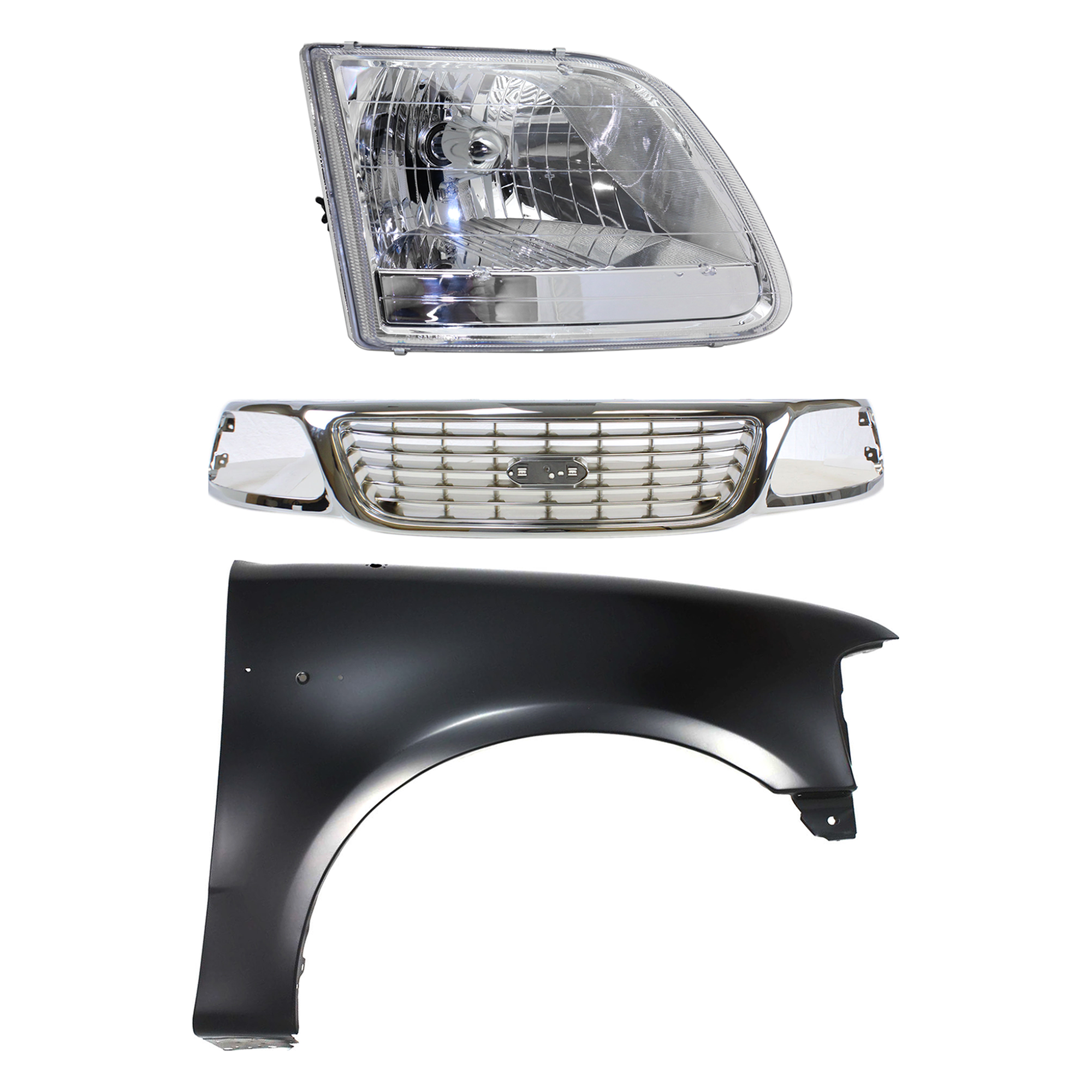 AM F 150-01-03 F 150 HERITAGE 04-04 GRILLE Chrome Shell and Insert 3 pc Kit with Fender and Headlight SKU KIT 022423-99001 Partslink FO1200420 FO1241191 FO2503211 OEM 1L3Z8200-2L3Z16005BA 3L3Z13008