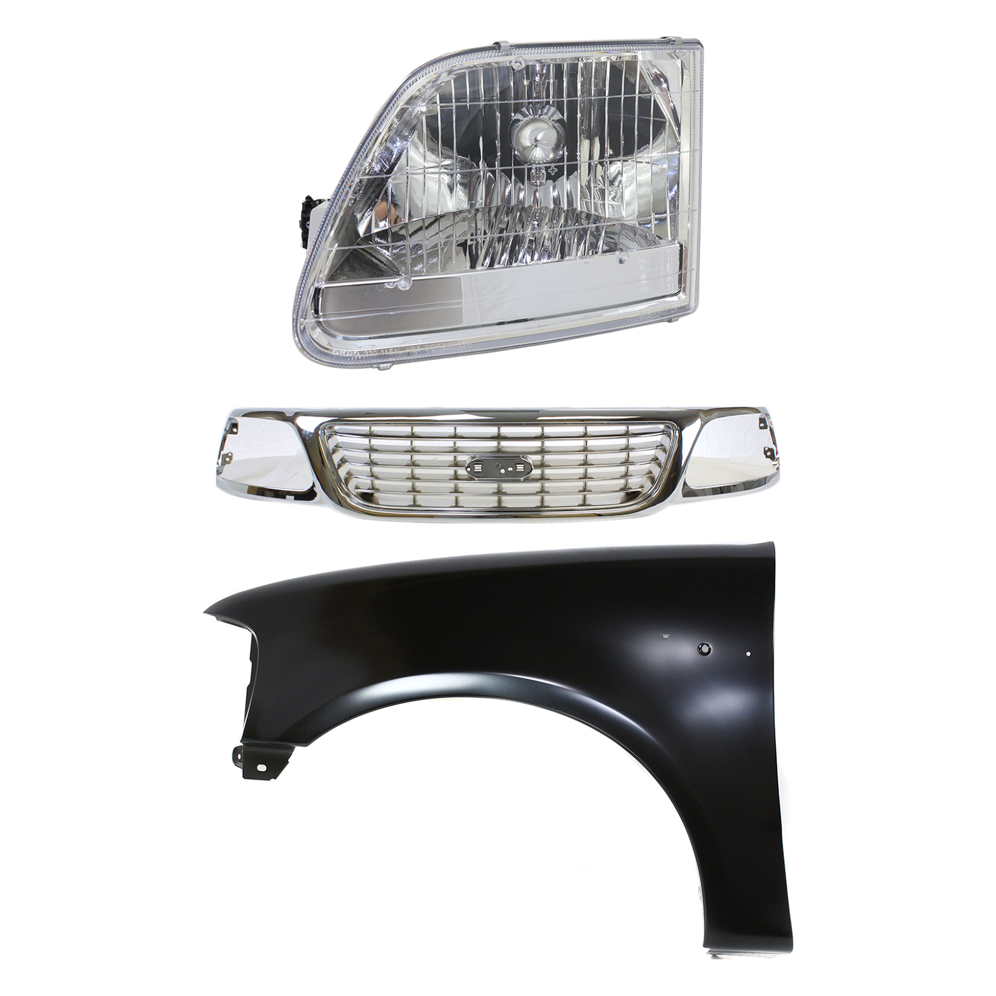 AM F 150-01-03 F 150 HERITAGE 04-04 GRILLE Chrome Shell and Insert 3 pc Kit with Fender and Headlight SKU KIT 022423-99002 Partslink FO1200420 FO1240191 FO2502211 OEM 1L3Z8200-2L3Z16006BA 3L3Z13008