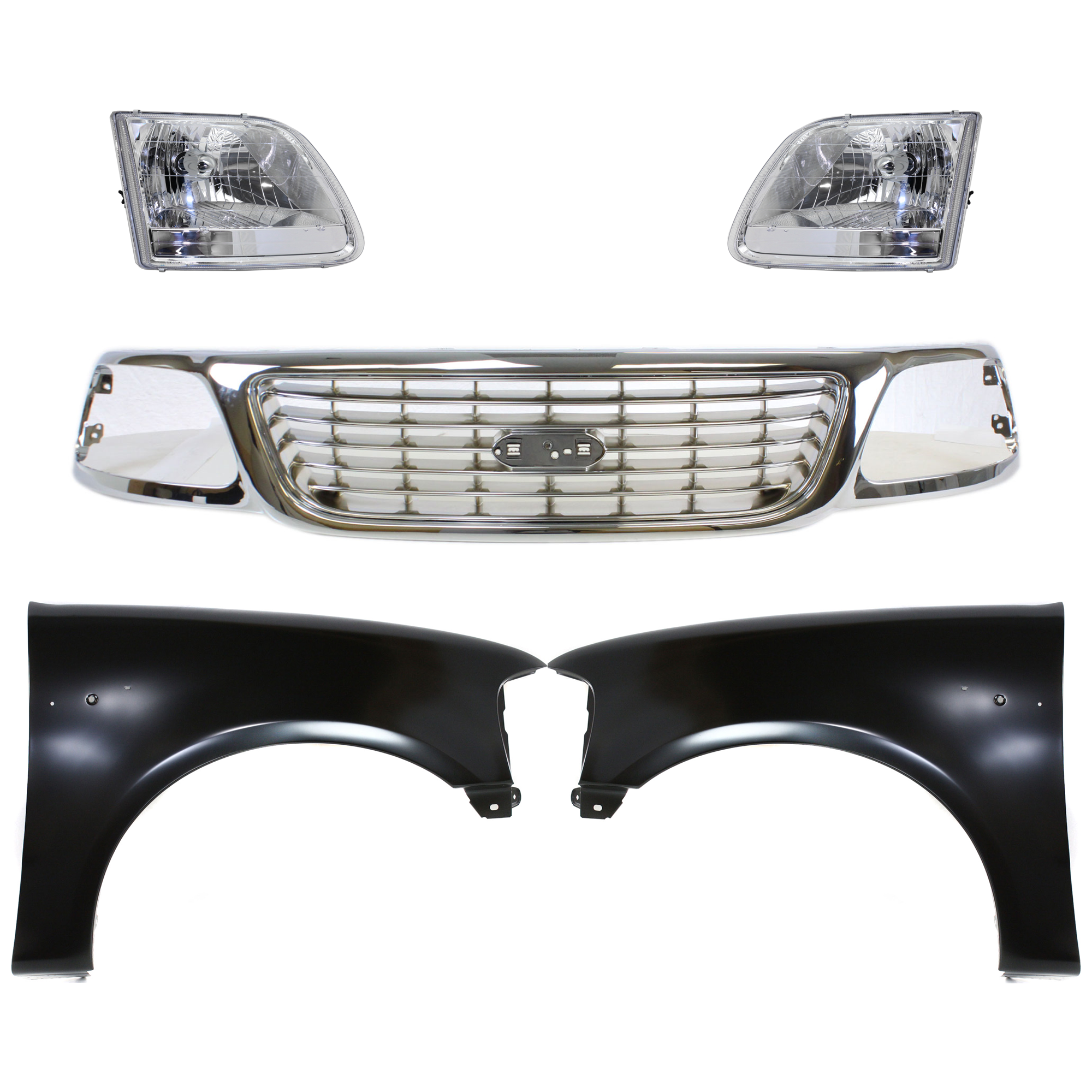 AM F 150-01-03 F 150 HERITAGE 04-04 GRILLE Chrome Shell and Insert 5 pc Kit with Fenders and Headlights SKU KIT 022423-990 Partslink FO1200420 FO1241191 FO1240191 FO2503211 FO2502211 OEM 1L3Z8200-2L3Z16005BA 2L3Z16006