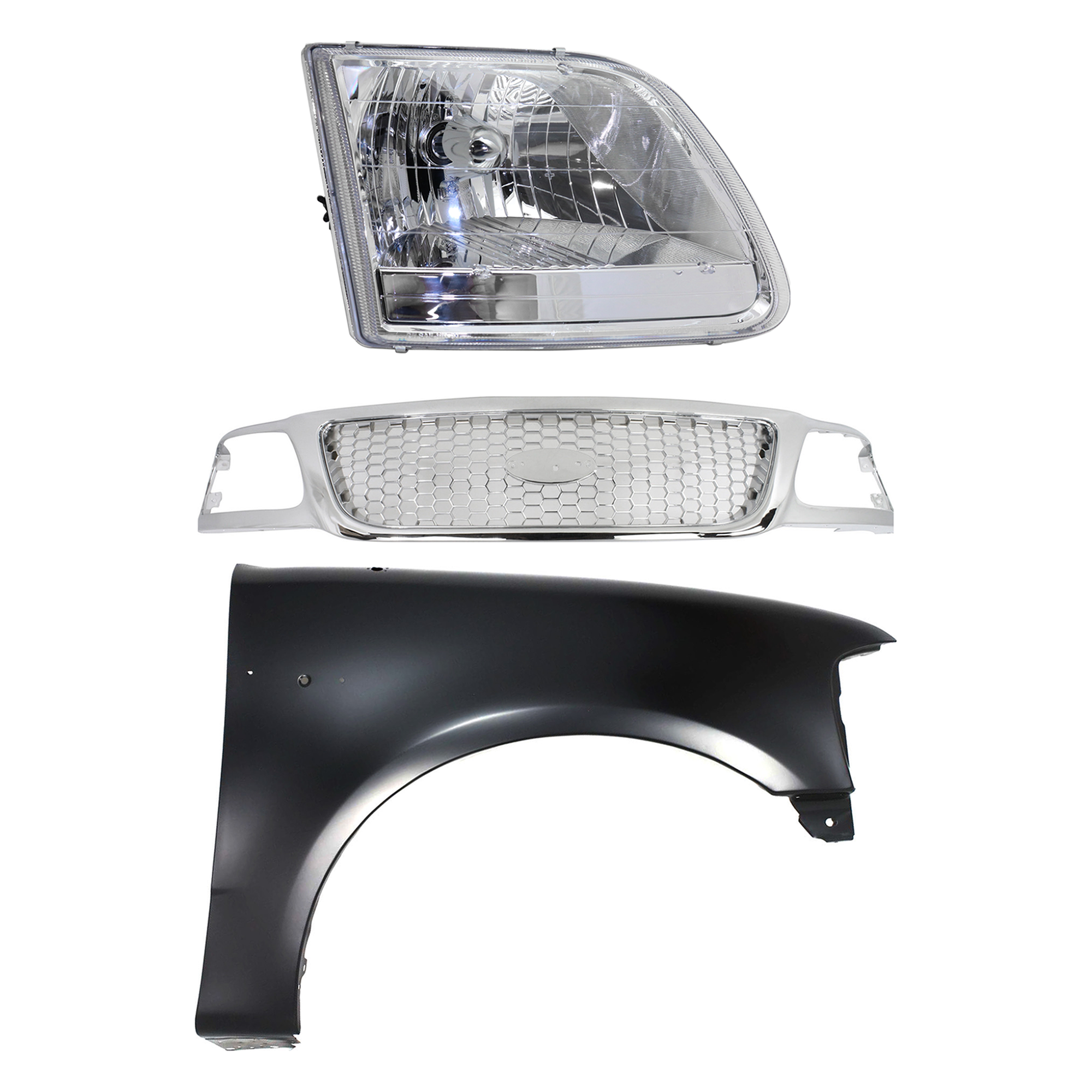 AM F 150-01-03 F 150 HERITAGE 04-04 GRILLE Chrome Shell and Insert 3 pc Kit with Fender and Headlight SKU KIT 022423-99201 Partslink FO1200407 FO1241191 FO2503211 OEM Performance 2L3Z16005BA 3L3Z13