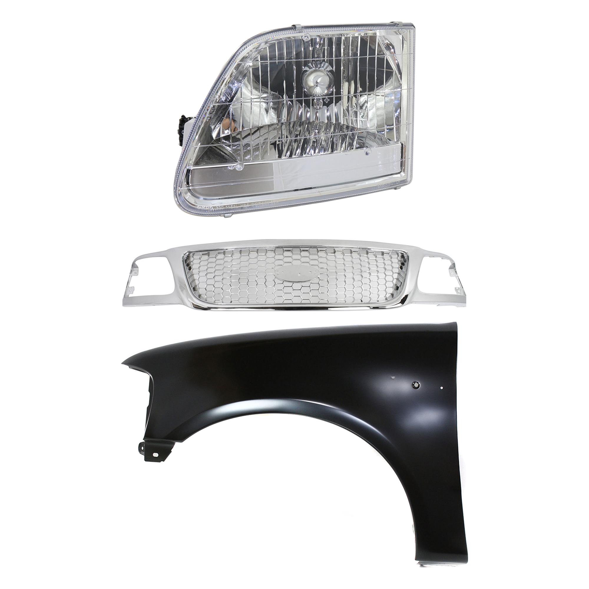 AM F 150-01-03 F 150 HERITAGE 04-04 GRILLE Chrome Shell and Insert 3 pc Kit with Fender and Headlight SKU KIT 022423-99202 Partslink FO1200407 FO1240191 FO2502211 OEM Performance 2L3Z16006BA 3L3Z13