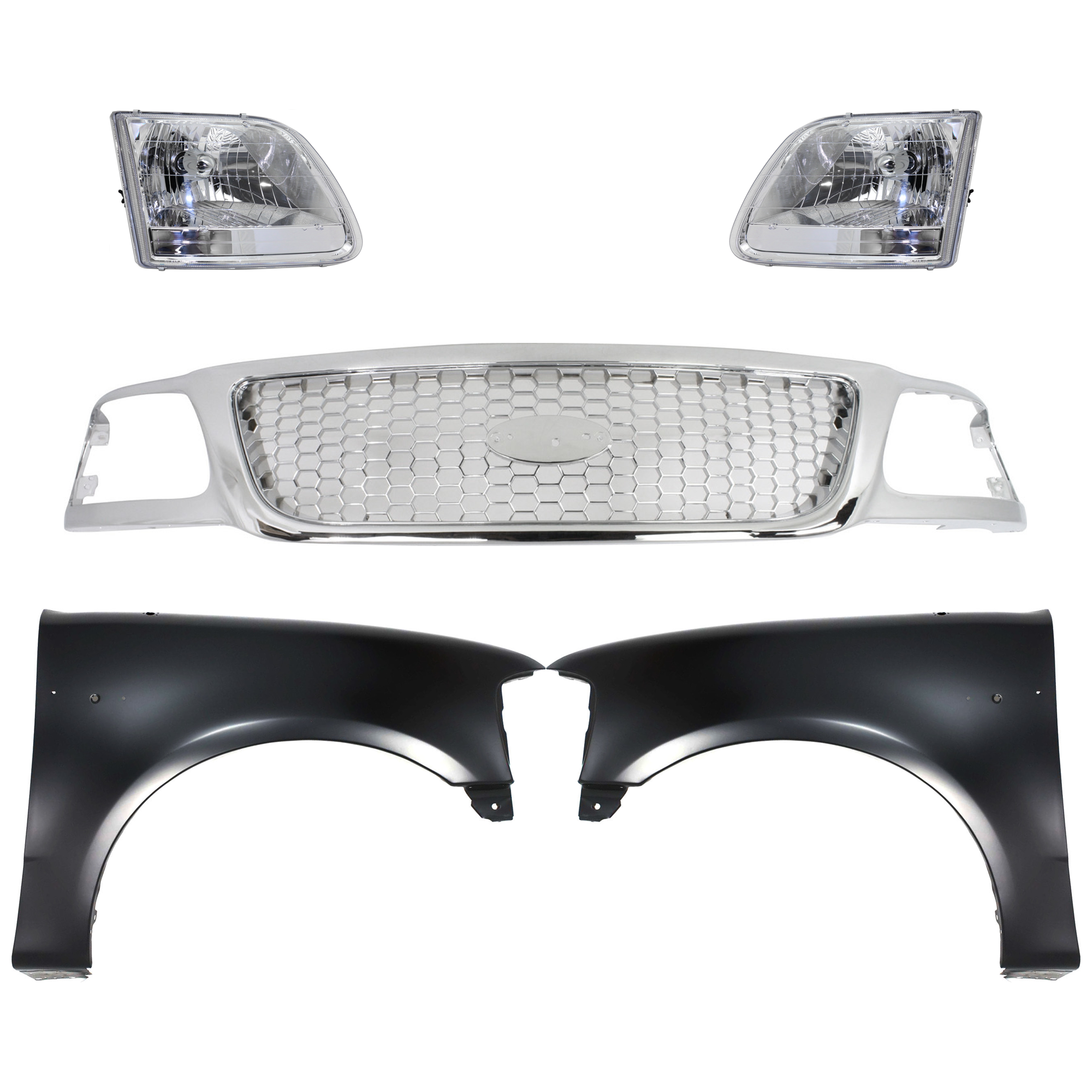 AM F 150-01-03 F 150 HERITAGE 04-04 GRILLE Chrome Shell and Insert 5 pc Kit with Fenders and Headlights SKU KIT 022423-992 Partslink FO1200407 FO1241191 FO1240191 FO2503211 FO2502211 OEM Performance 2L3Z16005BA 2L3Z16