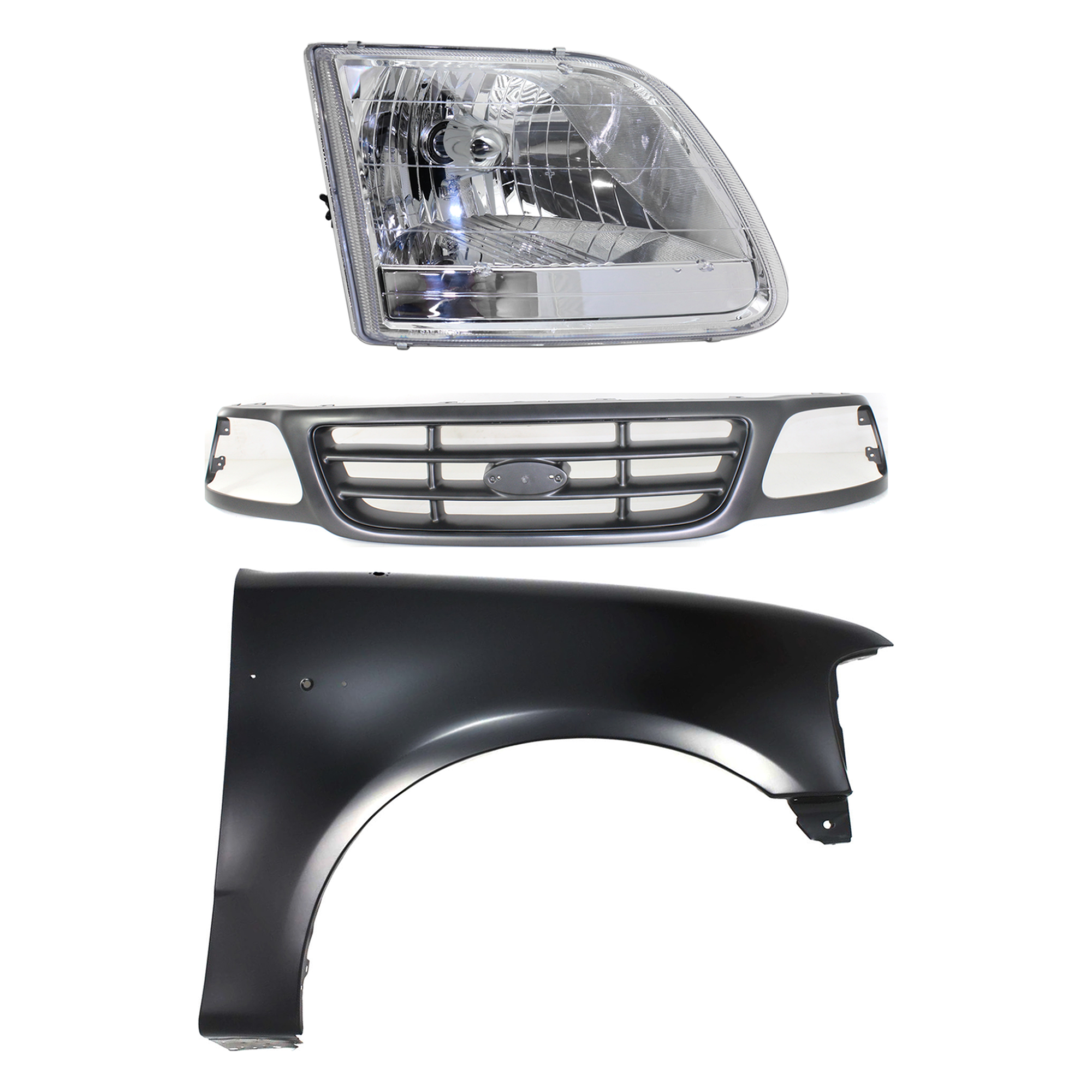 AM F 150-01-03 F 150 HERITAGE 04-04 GRILLE Painted Gray Shell and Insert 3 pc Kit with Fender and Headlight SKU KIT 022423-99301 Partslink FO1200528 FO1241191 FO2503211 OEM YL3Z8200FAA 2L3Z16005BA 3L3Z13
