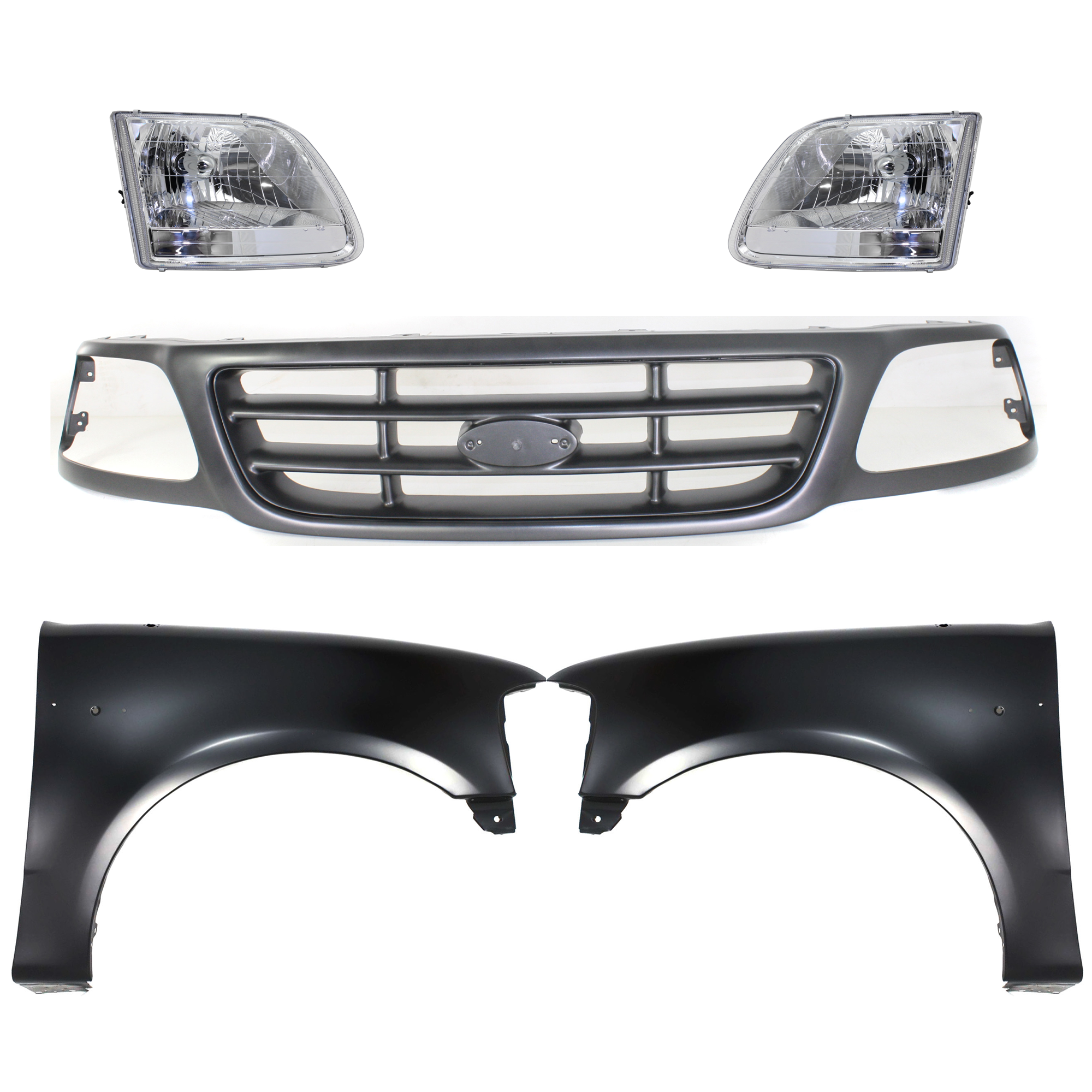 AM F 150-01-03 F 150 HERITAGE 04-04 GRILLE Painted Gray Shell and Insert 5 pc Kit with Fenders and Headlights SKU KIT 022423-993 Partslink FO1200528 FO1241191 FO1240191 FO2503211 FO2502211 OEM YL3Z8200FAA 2L3Z16005BA 2L3Z16