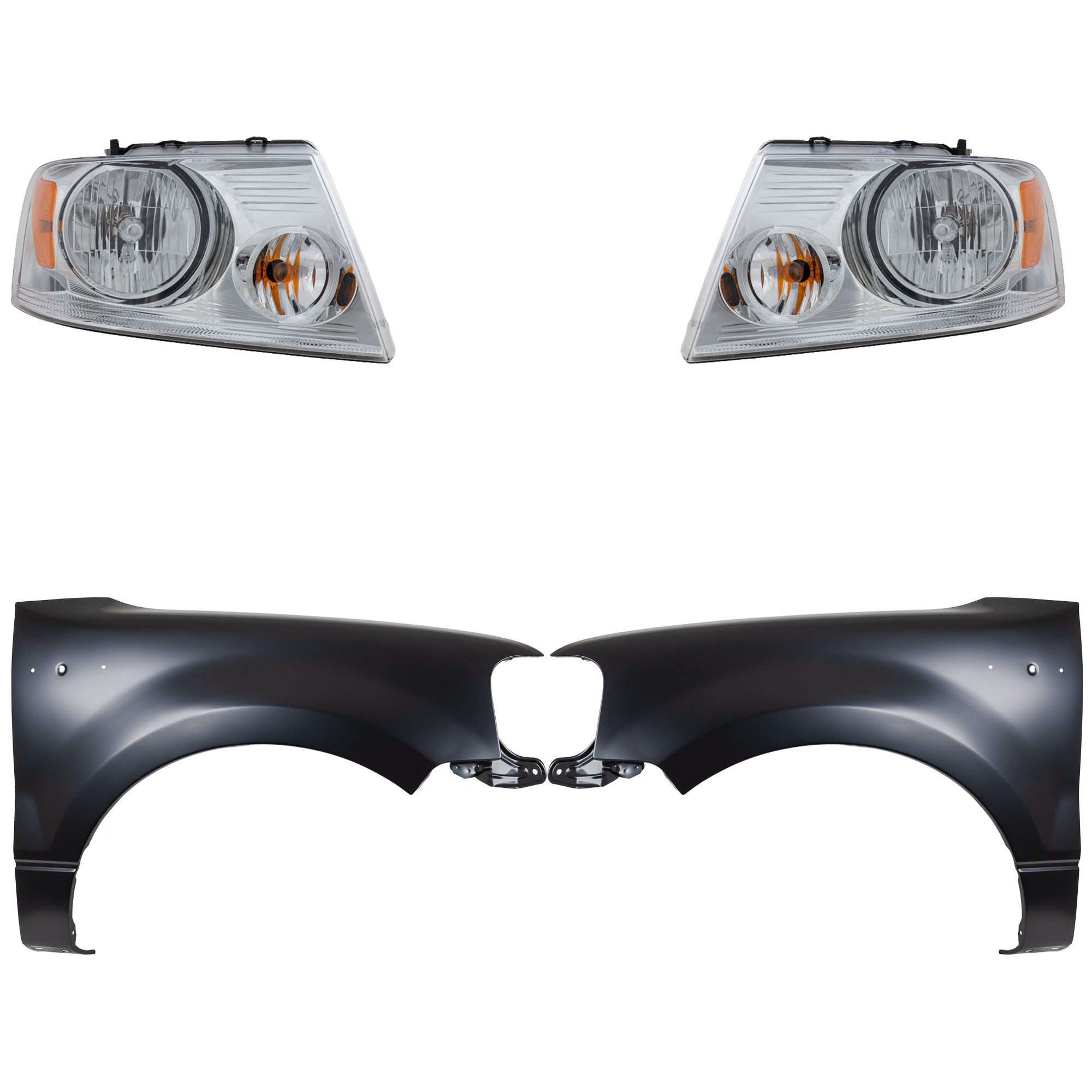 AM F 150-04-06 HEAD LAMP RH AND LH Assembly Halogen 4 pc Kit with Fenders SKU KIT 022423-99403 Partslink FO2502201 FO2503201 FO1240231 FO1241231 OEM 7L3Z13008FA 7L3Z13008GA 5L3Z16