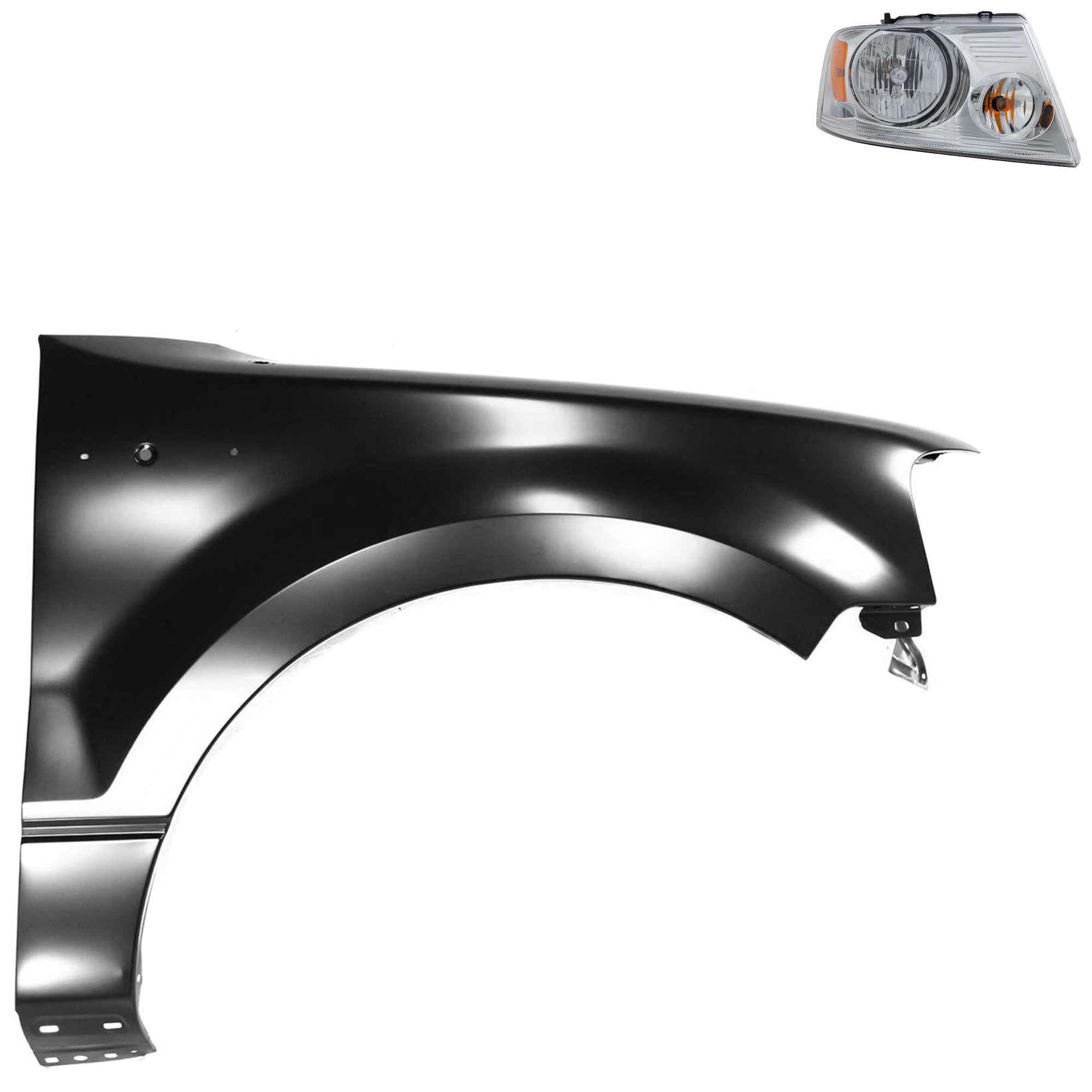 AM F 150-04-06 HEAD LAMP RH Assembly Halogen 2 pc Kit with Fender SKU KIT 022423-99404 Partslink FO2503201 FO1241231 OEM 7L3Z13008FA 5L3Z16005AA