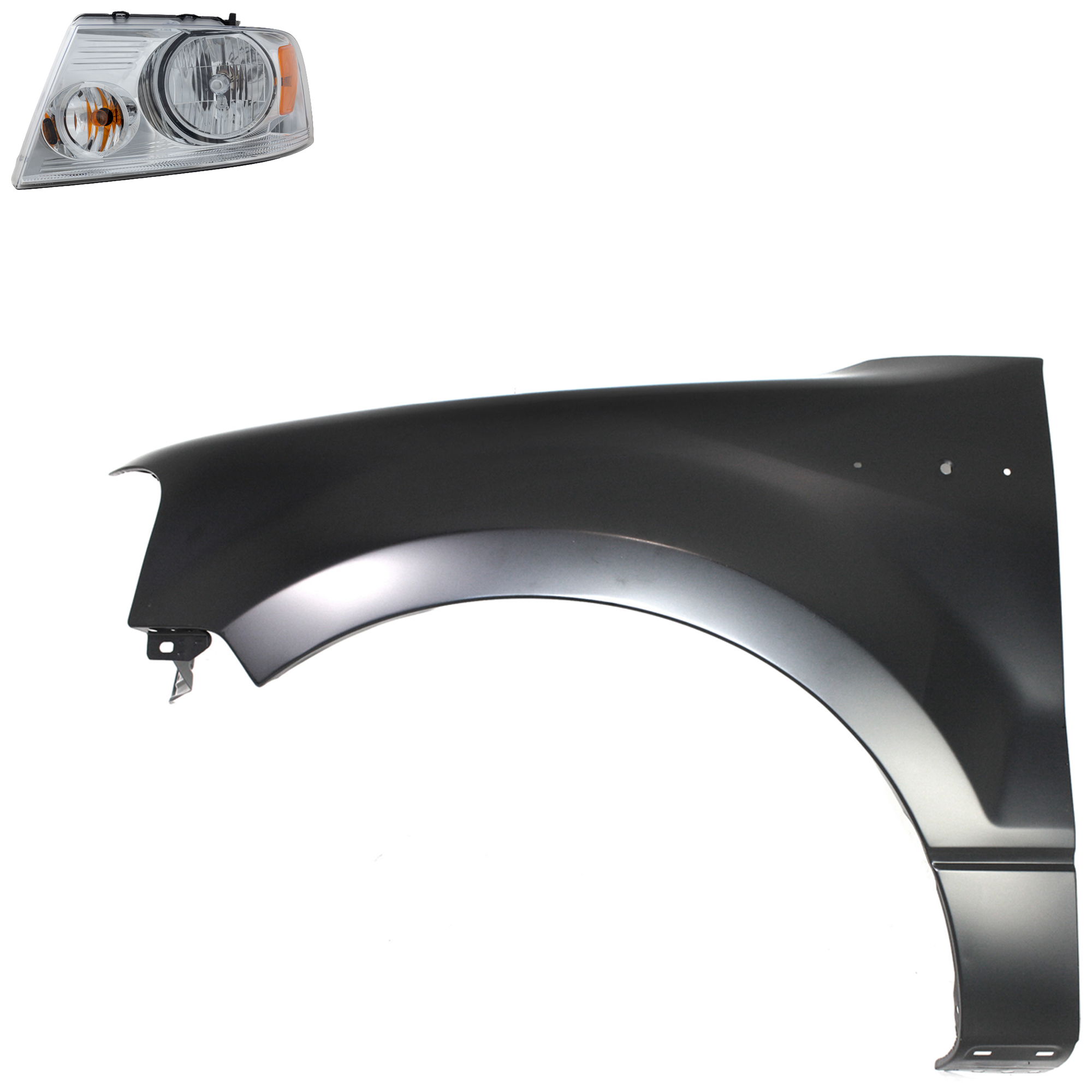 AM F 150-04-08 HEAD LAMP LH Assembly Halogen 2 pc Kit with Fender SKU KIT 022423-99405 Partslink FO2502201 FO1240231 OEM 7L3Z13008GA 5L3Z16006AA
