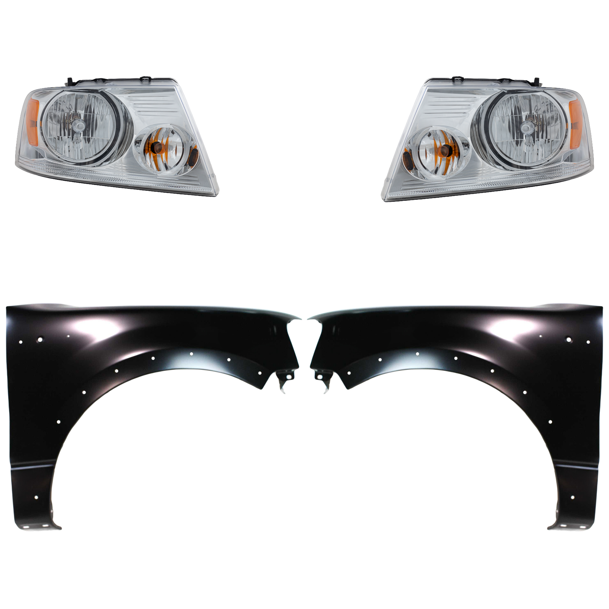 AM F 150-04-06 HEAD LAMP RH AND LH Assembly Halogen 4 pc Kit with Fenders SKU KIT 022423-99603 Partslink FO2503201 FO2502201 FO1240232 FO1241232 OEM 7L3Z13008FA 7L3Z13008GA 5L3Z16