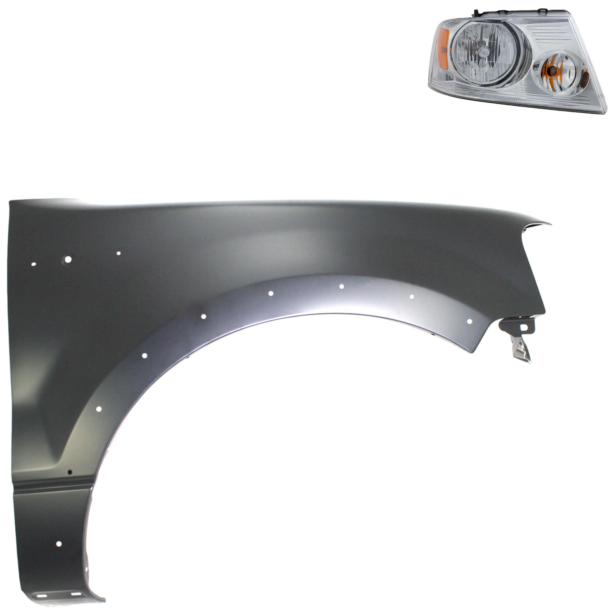 AM F 150-04-06 HEAD LAMP RH Assembly Halogen 2 pc Kit with Fender SKU KIT 022423-99604 Partslink FO2503201 FO1241232 OEM 7L3Z13008FA 5L3Z16005BA