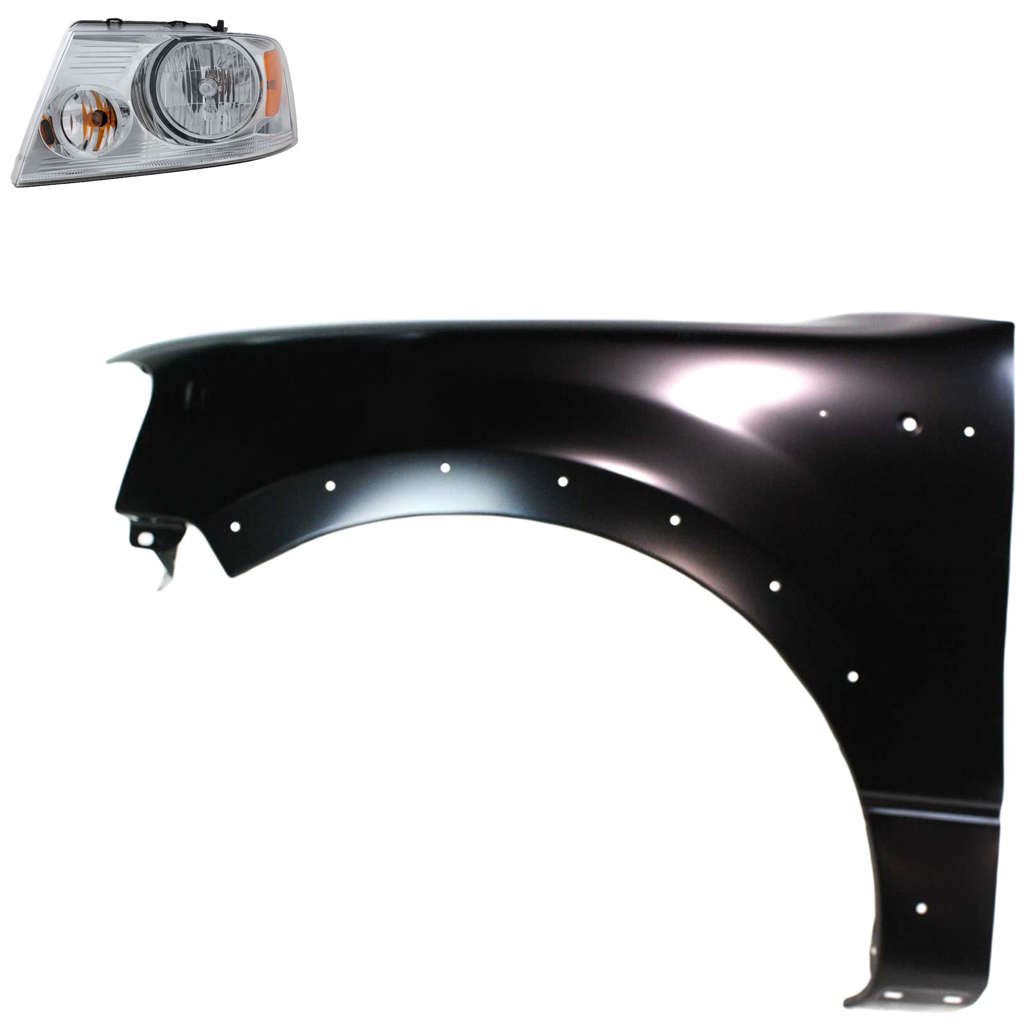 AM F 150-04-08 HEAD LAMP LH Assembly Halogen 2 pc Kit with Fender SKU KIT 022423-99605 Partslink FO2502201 FO1240232 OEM 7L3Z13008GA 5L3Z16006BA