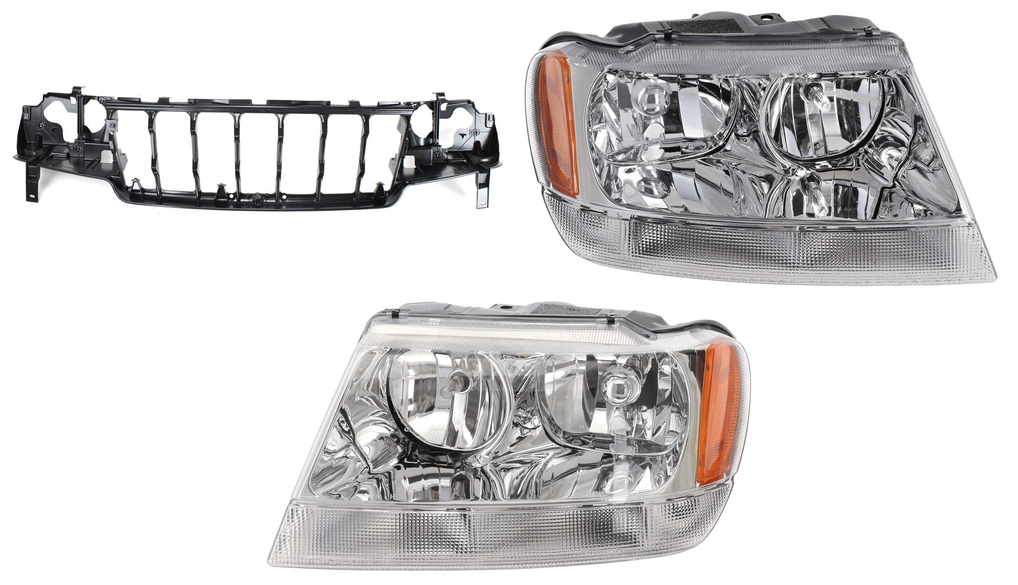 AM GRAND CHEROKEE 99-03 HEADER PANEL 3 pc Kit Headlight Mounting Panel ABS Plastic Limited Overland Models w Headlight SKU KIT 022426-10 Partslink CH1220116 CH2502120 CH2503120 OEM 55155498AB 55155553AI 55155552