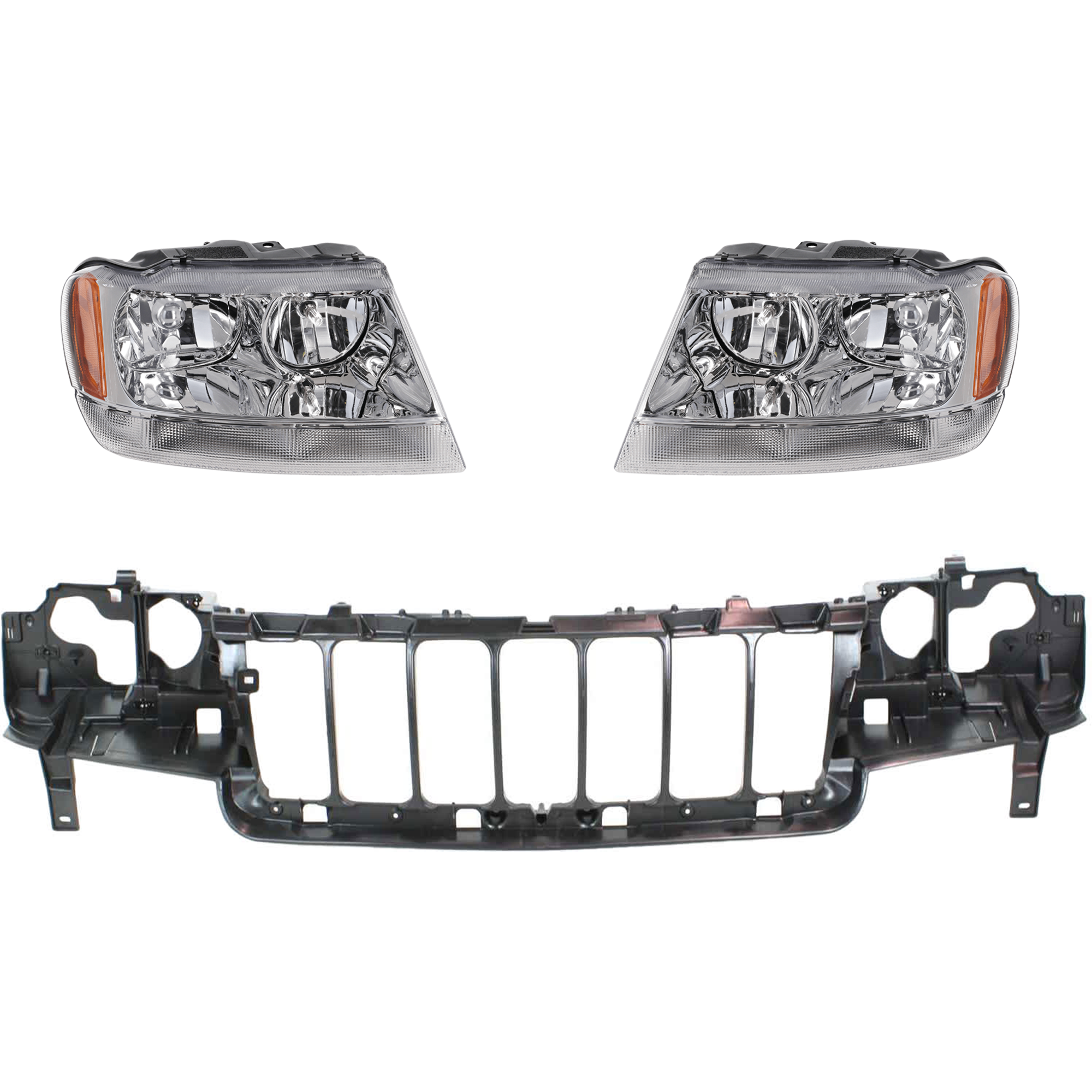 AM GRAND CHEROKEE 04-04 HEADER PANEL 3 pc Kit Limited Overland Models w Headlight SKU KIT 022426-20 Partslink CH1220120 CH2502120 CH2503120 OEM 55156753AD 55155553AI 55155552