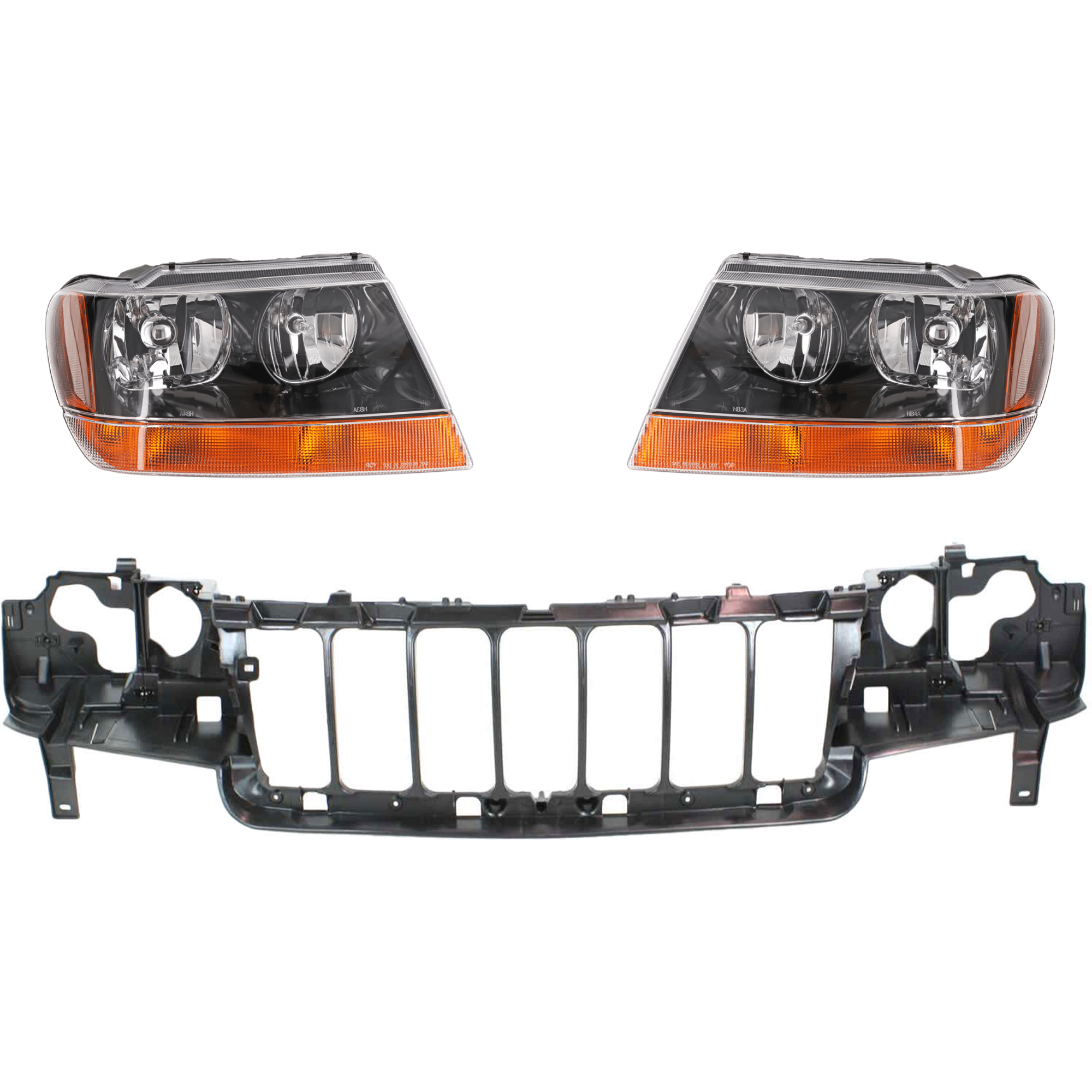 AM GRAND CHEROKEE 04-04 HEADER PANEL 3 pc Kit w Headlight SKU KIT 022426-21 Partslink CH1220120 CH2502121 CH2503121 OEM 55156753AD 5103401AA 5103400AA