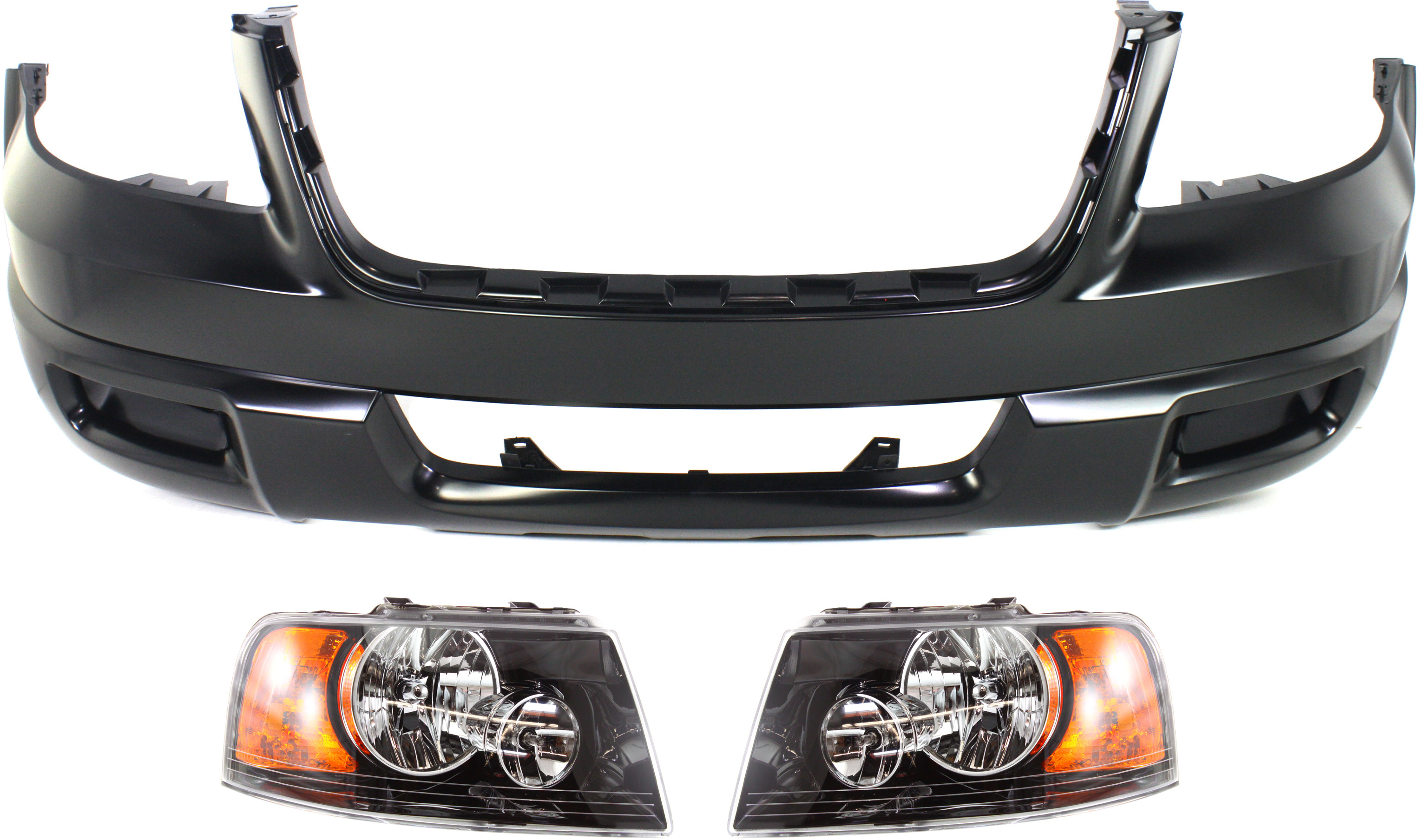 AM EXPEDITION 03-03 FRONT BUMPER COVER 3 pc Kit with Headlights SKU KIT 022518-109 Partslink FO1000522 FO2502198 FO2503198 OEM 2L1Z17D957MPTM 6L1Z13008DA 6L1