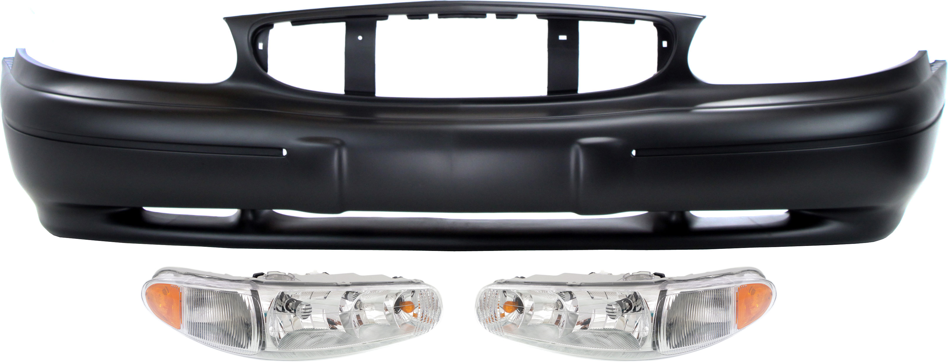 AM CENTURY 97-03 HEAD LAMP RH AND LH Assembly Halogen 3 pc Kit with Bumper Cover SKU KIT 022518-10 Partslink GM2503182 GM2502182 GM1000543 OEM 19244638-19244639-12369156