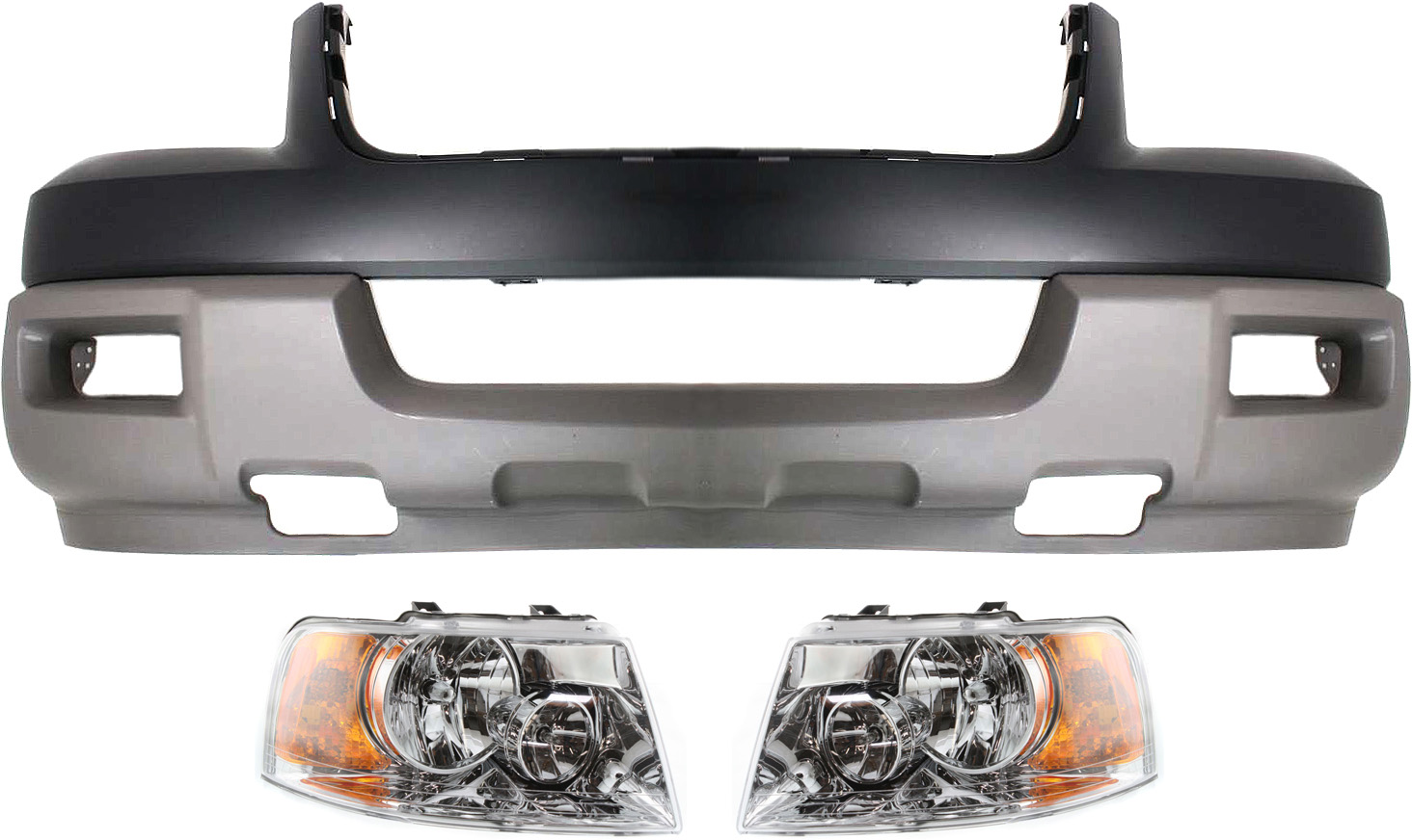 AM EXPEDITION 03-03 FRONT BUMPER COVER Upper and Lower 3 pc Kit with Headlights SKU KIT 022518-110 Partslink FO1000524 FO2502181 FO2503181 OEM 2L1Z17D957LAA 6L1Z13008BA 6L1Z