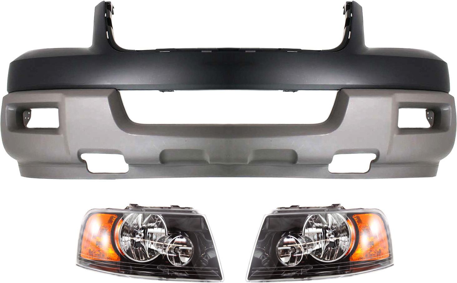AM EXPEDITION 03-03 FRONT BUMPER COVER Upper and Lower 3 pc Kit with Headlights Sport Utility SKU KIT 022518-111 Partslink FO1000524 FO2502198 FO2503198 OEM 2L1Z17D957LAA 6L1Z13008DA 6L1Z