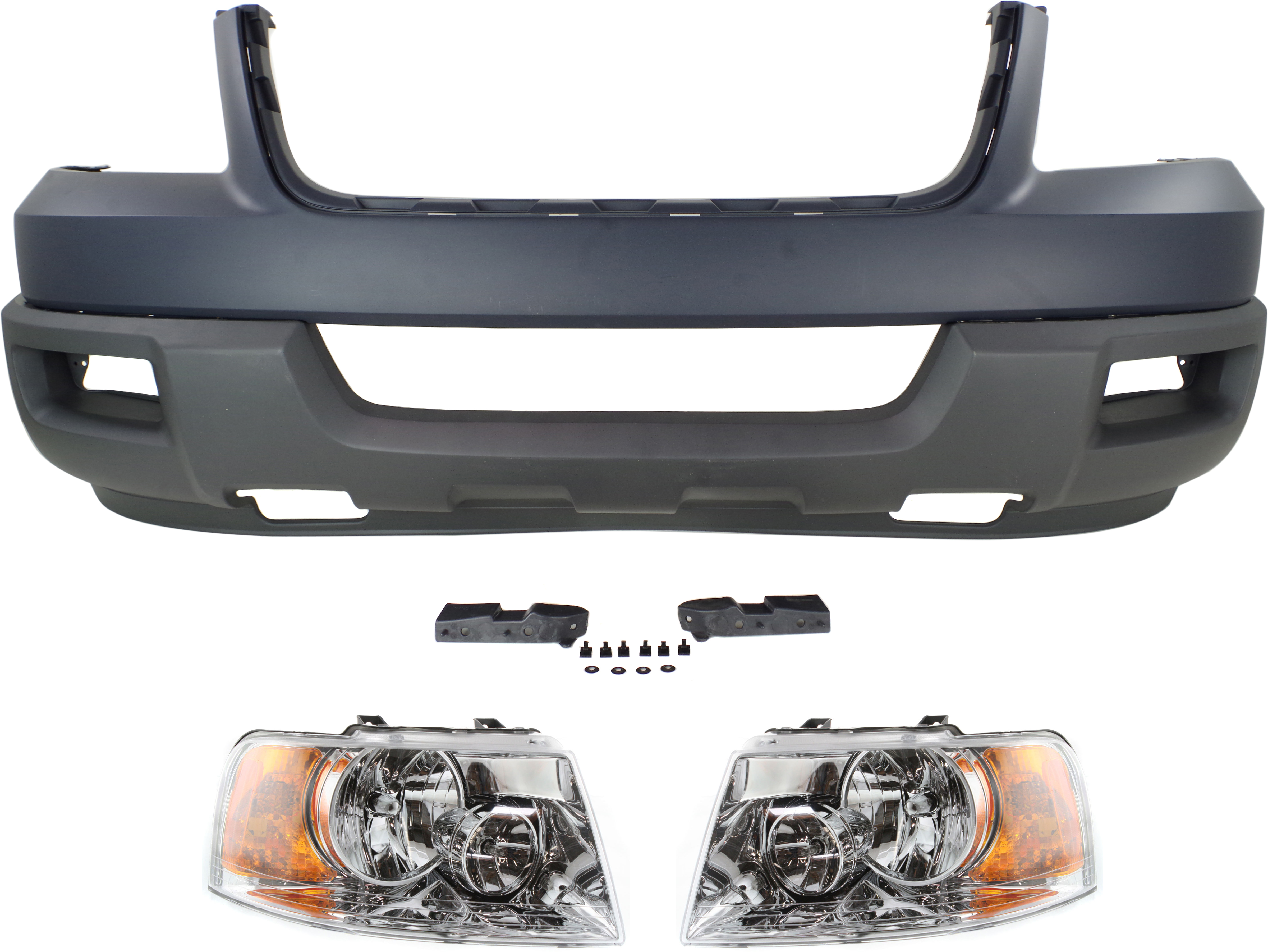 AM EXPEDITION 03-03 FRONT BUMPER COVER Upper and Lower 3 pc kit with Headlights SKU KIT 022518-112 Partslink FO2502181 FO2503181 OEM 2L1Z17D957KAA PFM 6L1Z13008BA