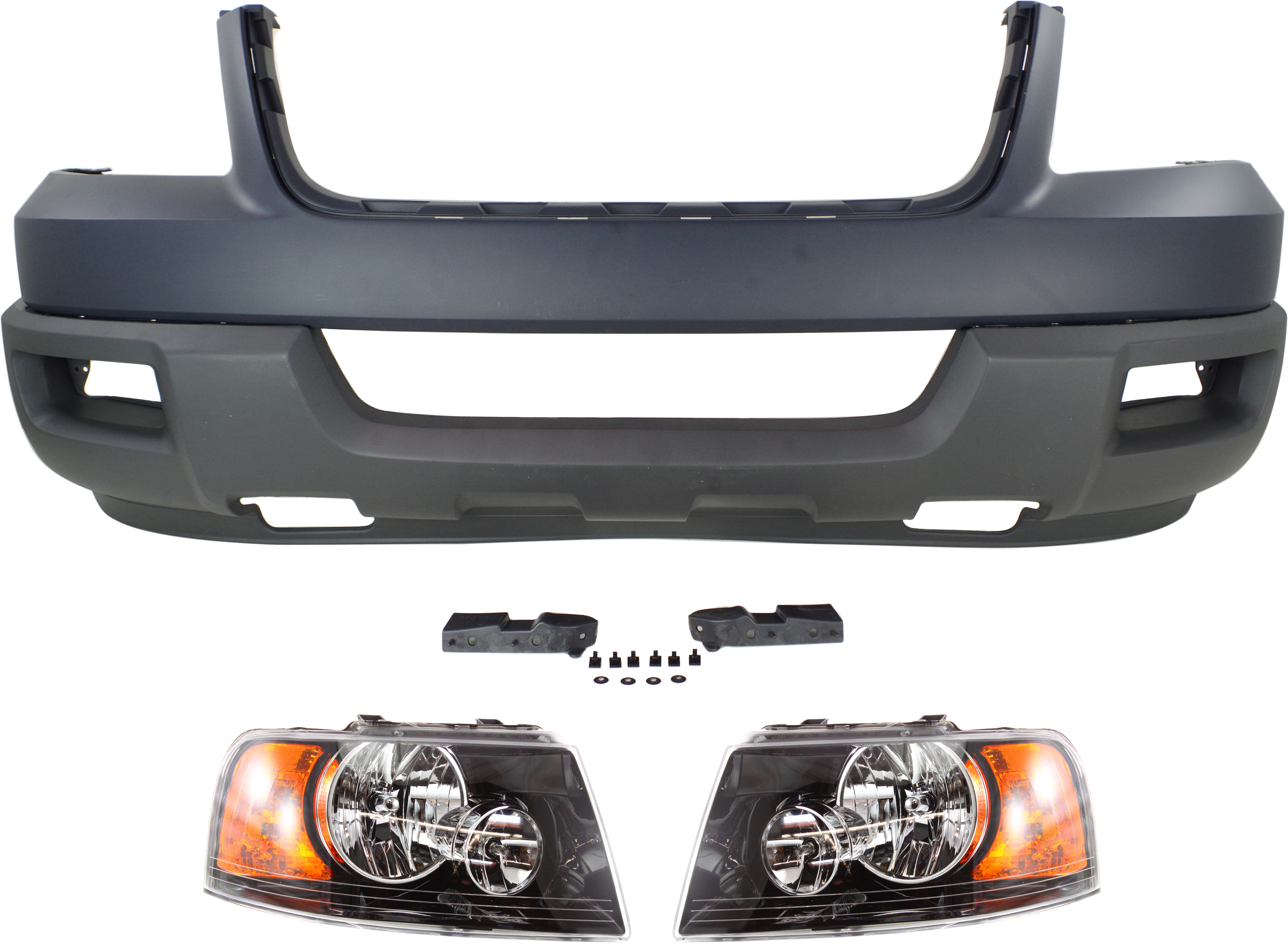 AM EXPEDITION 03-03 FRONT BUMPER COVER 3 pc kit with Headlights Sport Utility SKU KIT 022518-113 Partslink FO2502198 FO2503198 OEM 2L1Z17D957KAA PFM 6L1Z13008DA