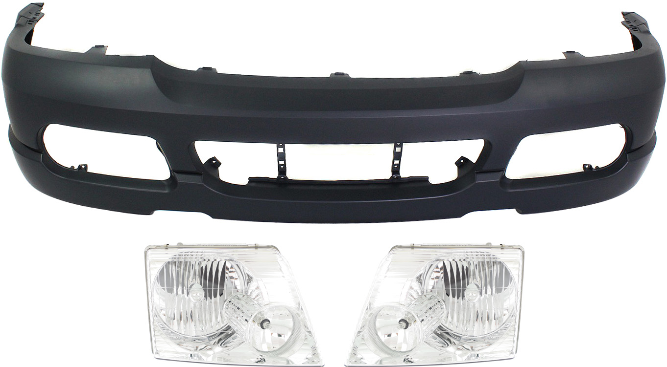 AM EXPLORER 02-05 FRONT BUMPER COVER 3 pc Kit with Headlights With Sport Package SKU KIT 022518-116 Partslink FO1000496 FO2502176 FO2503176 OEM 2L2Z17D957SAPTM 1L2Z13008AB 1L