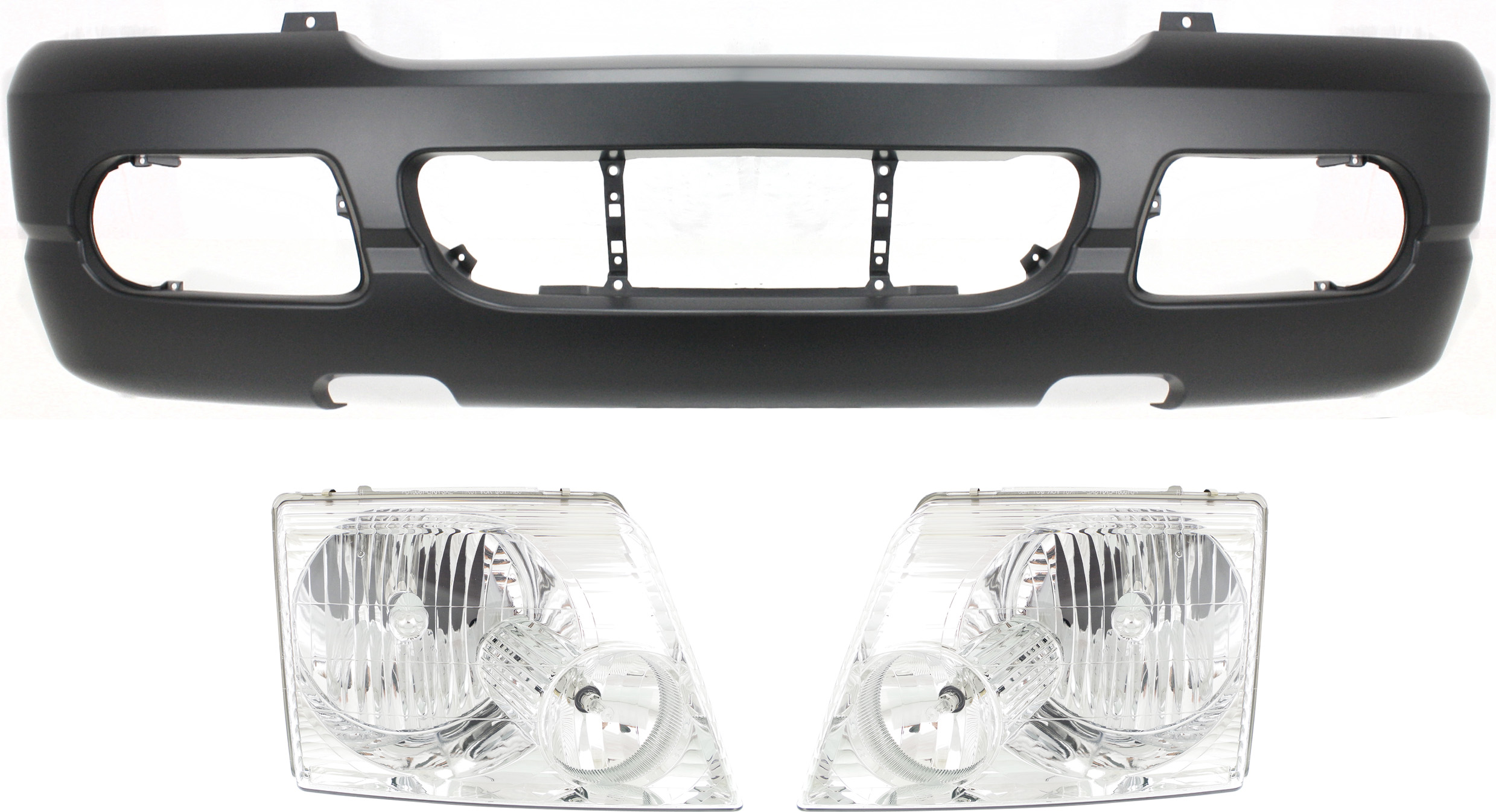 AM EXPLORER 04-05 FRONT BUMPER COVER 3 pc Kit with Headlights Without Sport Package SKU KIT 022518-118 Partslink FO1000563 FO2502176 FO2503176 OEM 4L2Z17D957CAPTM 1L2Z13008AB 1L