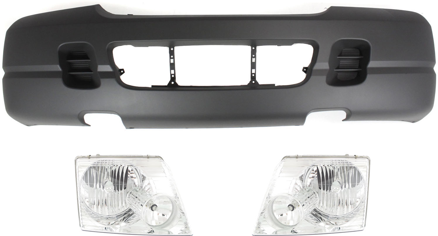 AM EXPLORER 03-04 FRONT BUMPER COVER 3 pc Kit Textured with Headlights SKU KIT 022518-119 Partslink FO1000633 FO2502176 FO2503176 OEM 3L2Z17D957RC 1L2Z13008AB 1L2Z1