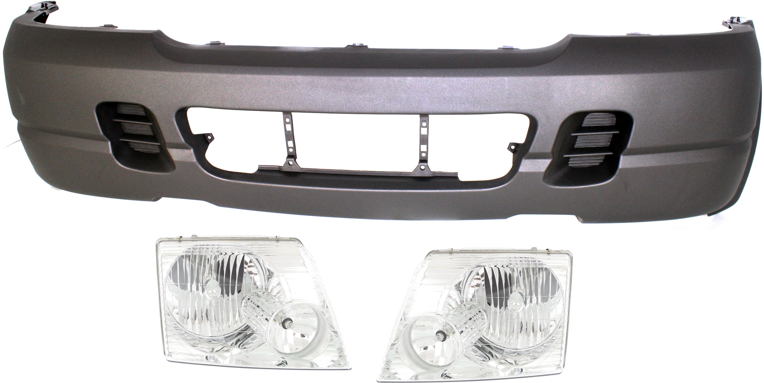 AM EXPLORER 02-02 FRONT BUMPER COVER 3 pc kit Primed w o Fog Light Holes w o parking aid sensor holes with Headlights SKU KIT 022518-121 Partslink FO1000508 FO2503176 FO2502176 OEM 1L2Z17D957VAA 1L2Z13008AA 1L2Z