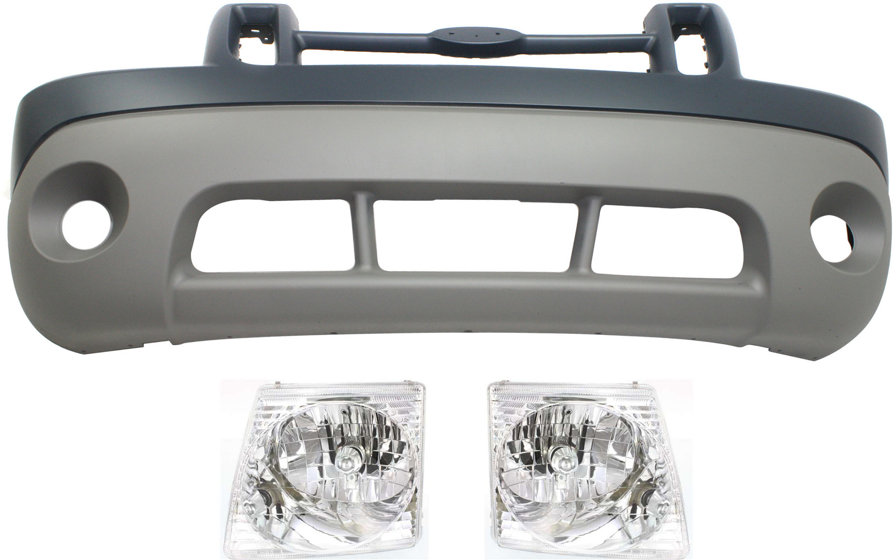 AM EXPLORER SPORT 01-02 EXPLORER SPORT TRAC 01-03 FRONT BUMPER COVER 3 pc Kit with Headlights SKU KIT 022518-123 Partslink FO1000463 FO2503170 FO2502170 OEM 1L5Z17D957GAA 1L5Z13008AA 1L5Z