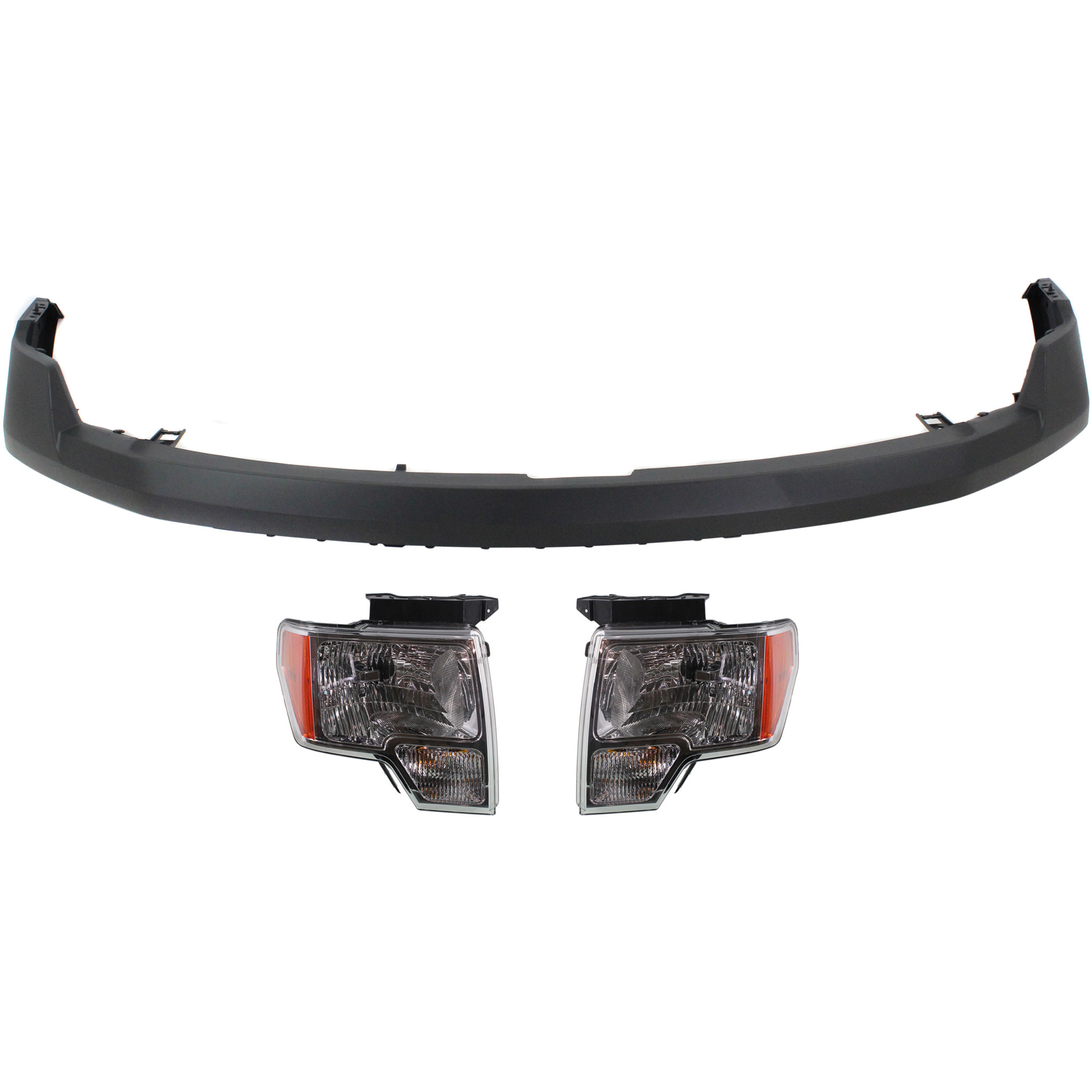 AM F 150-09-14 FRONT BUMPER COVER 3 pc Kit with Headlights SKU KIT 022518-140 Partslink FO1000643 FO2502287 FO2502289 FO2503287 FO2503289 OEM DL3Z17D957C DL3Z13008B DL3Z130