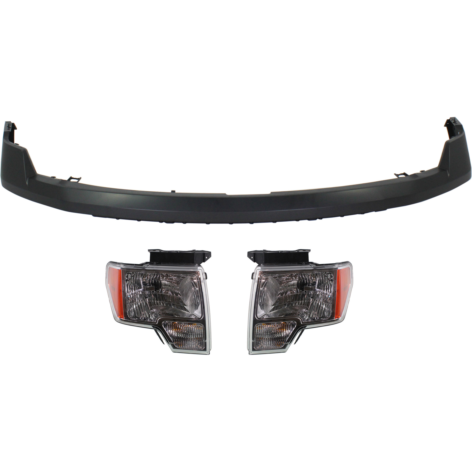 AM F 150-09-14 FRONT BUMPER COVER Primed 3 pc Kit with Headlights SKU KIT 022518-144 Partslink FO1000645 FO2502287 FO2502289 FO2503287 FO2503289 OEM DL3Z17D957APTM DL3Z13008B DL3Z