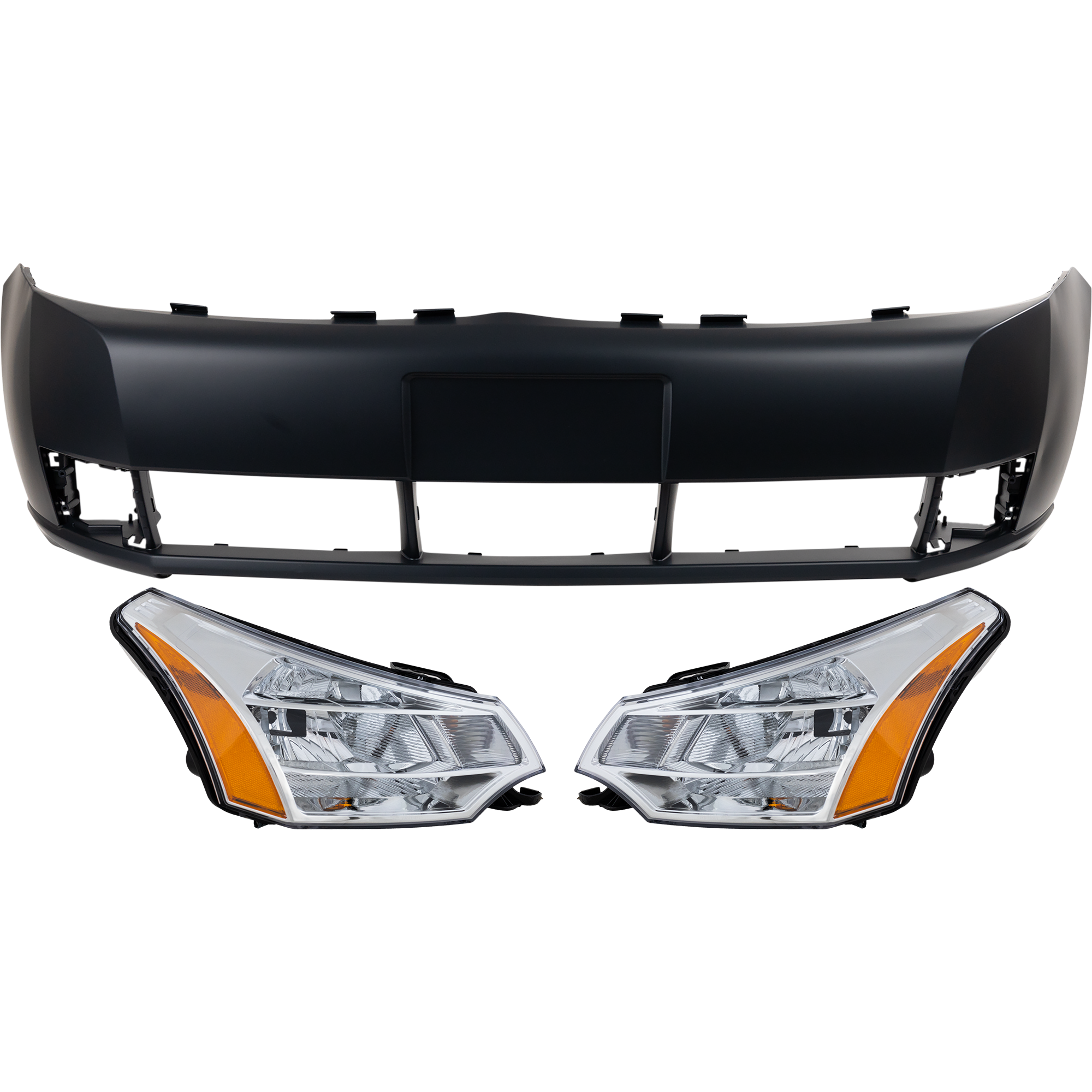 AM FOCUS 08-11 FRONT BUMPER COVER Primed w Fog Light Holes 3 pc kit with Headlights CAPA SKU KIT 022518-150 Partslink FO1000634C FO2502244C FO2503244C OEM 8S4Z13008E 8S4Z13008F 8S4Z17D9
