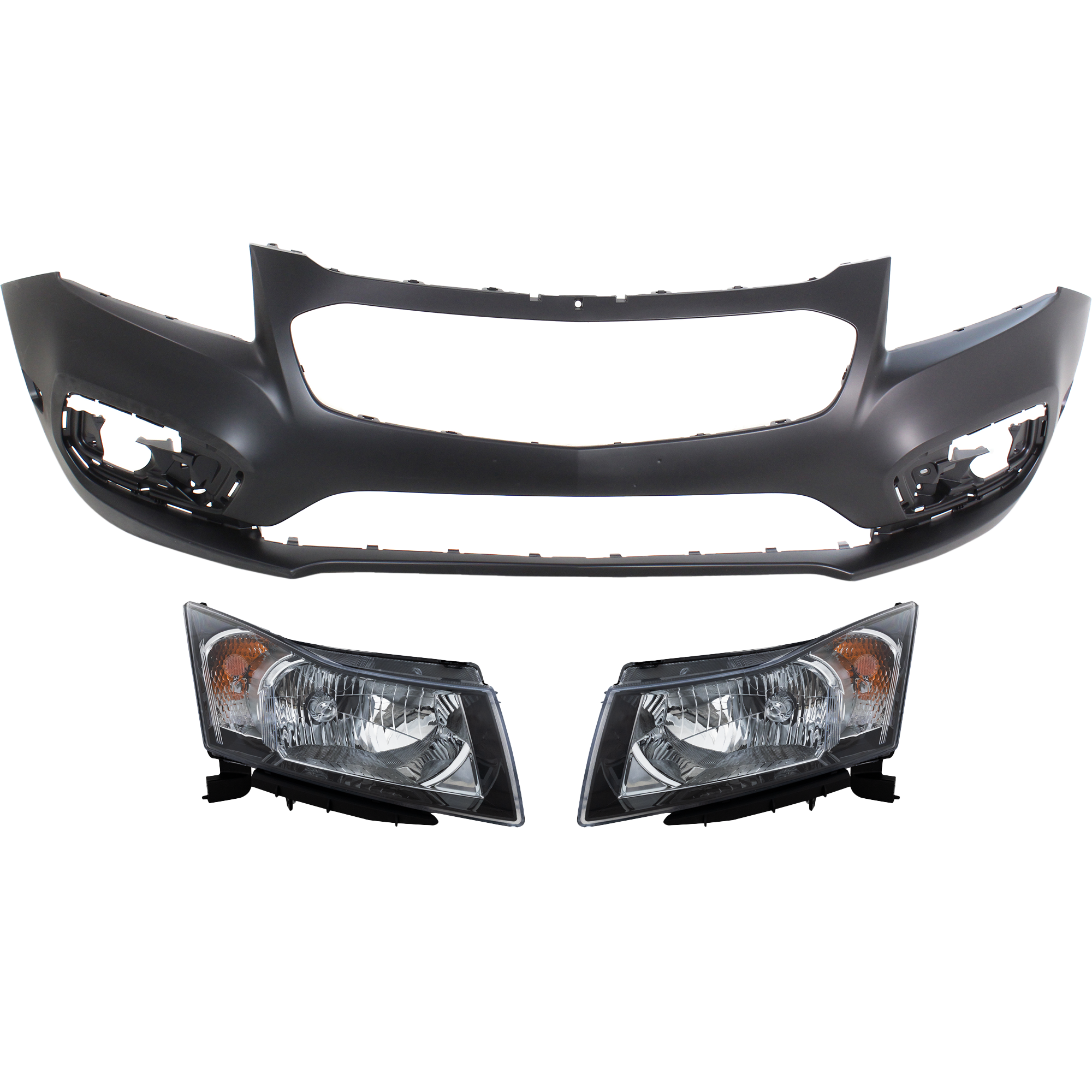 AM CRUZE 15-15 CRUZE LIMITED 16-16 FRONT BUMPER COVER 3 pc Kit with Headlights Without RS Package SKU KIT 022518-29 Partslink GM1000976 GM2502361 GM2502356 GM2503361 GM2503356 OEM 94525910-95291963-95900041-952