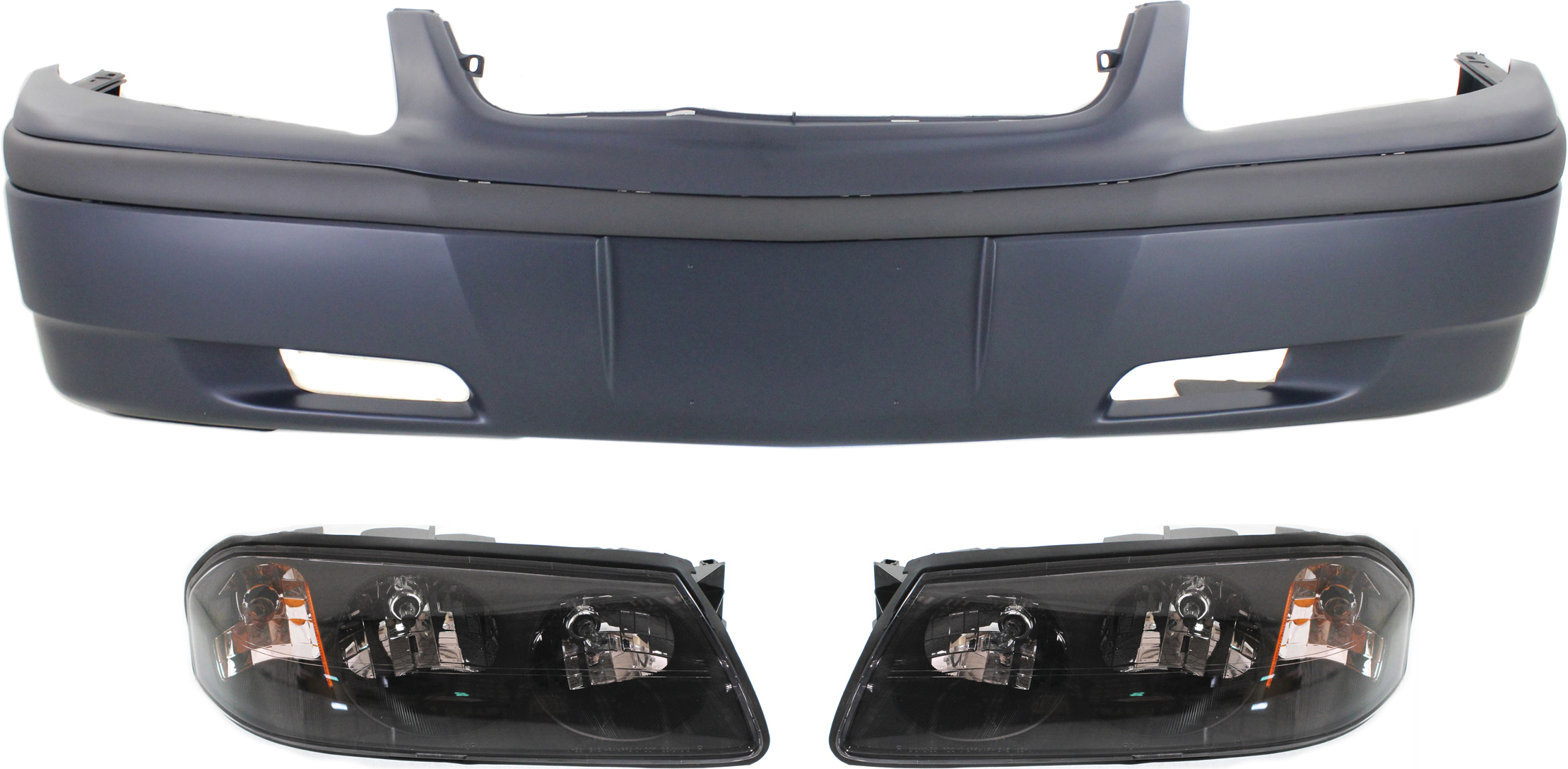 AM IMPALA 04-05 FRONT BUMPER COVER 3 pc Kit with Headlights without Appearance Package SKU KIT 022518-37 Partslink GM1000619 GM2502248 GM2503248 OEM 12335951-10356097-10356098