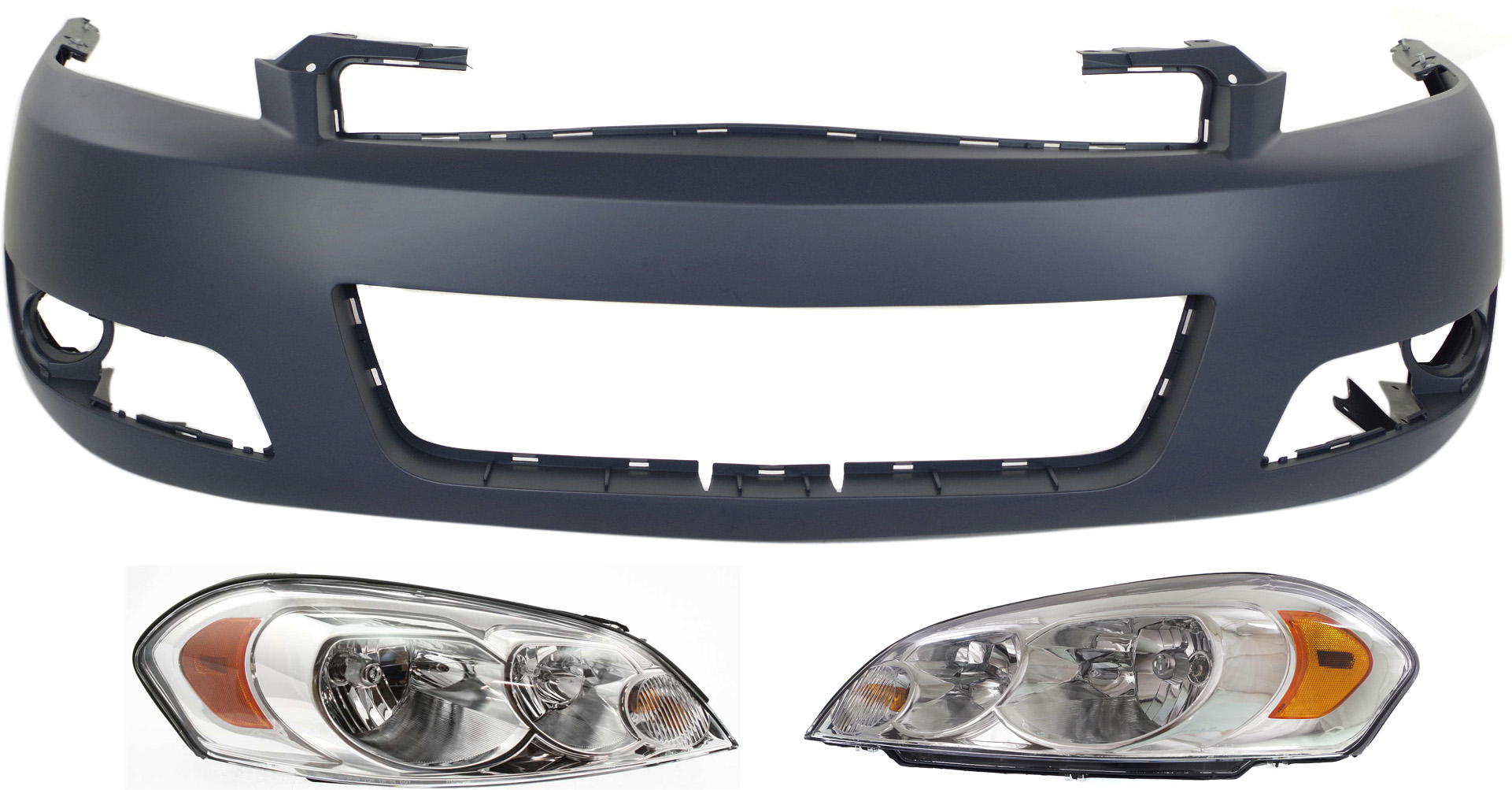AM IMPALA 06-13 IMPALA LIMITED 14-16 FRONT BUMPER COVER 3 pc Kit Primed w Headlight LT Model SKU KIT 022518-42 Partslink GM1000764 GM2502261 GM2503261 OEM 89025048-25958359-25958360