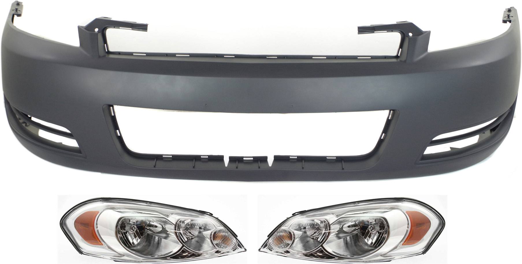 AM IMPALA 06-13 IMPALA LIMITED 14-16 HEAD LAMP RH AND LH Assembly Halogen 3 pc Kit with Bumper Cover SKU KIT 022518-43 Partslink GM2503261 GM2502261 GM1000763 OEM 25958360-25958359-89025047