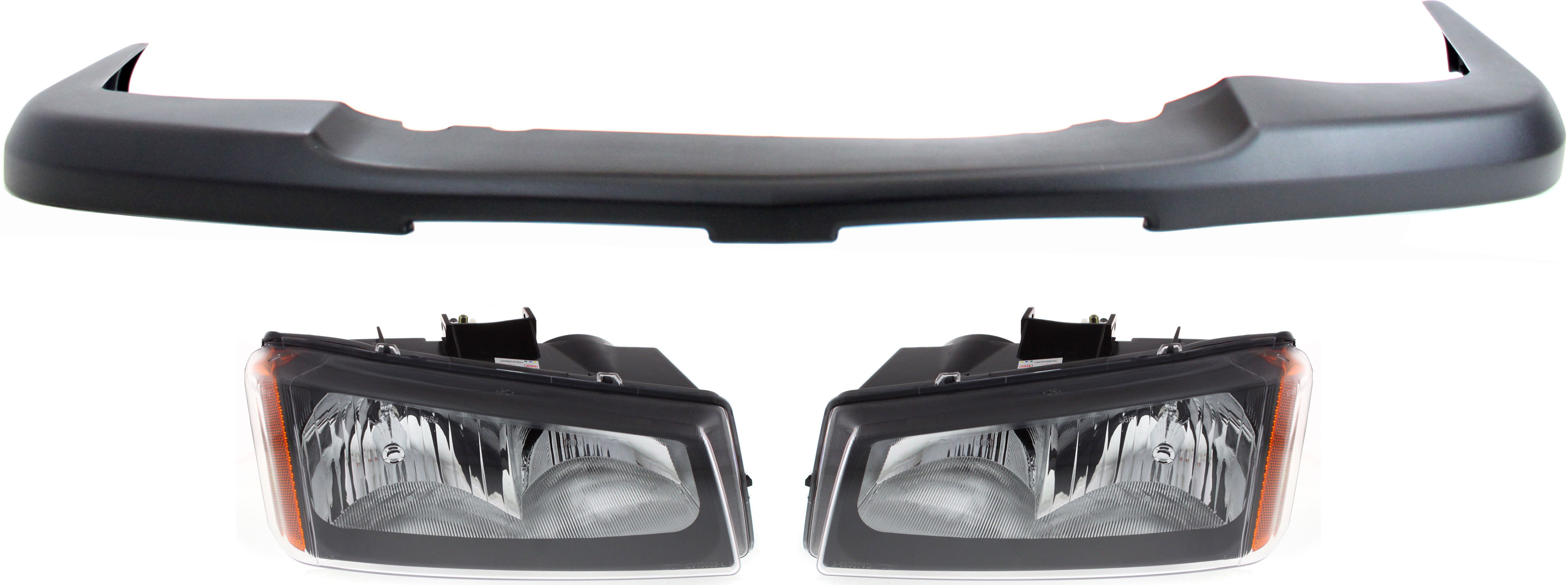 AM SILVERADO 1500-03-07 HEAD LAMP RH AND LH Assembly Halogen 3 pc Kit with Bumper Cover SKU KIT 022518-48 Partslink GM2503257 GM2502257 GM1051110 OEM 10396912-10396913-15139805