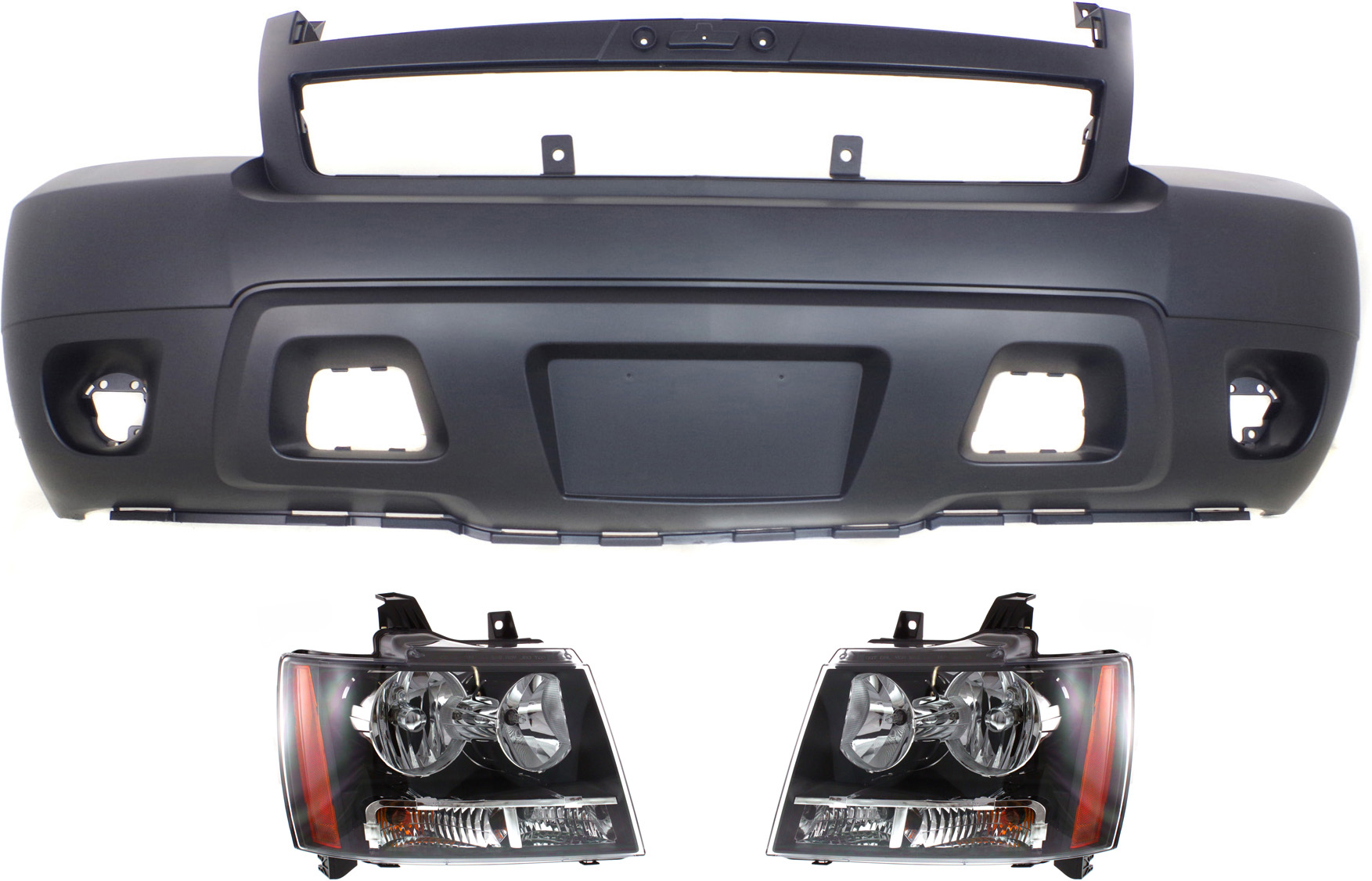 AM SUBURBAN 1500 TAHOE 07-14 HEAD LAMP RH AND LH Assembly Halogen 3 pc Kit with Bumper Cover w o Off Road Pkg SKU KIT 022518-56 Partslink GM1000817C GM2502263C GM2503263C OEM 22853025-22853026-25814570