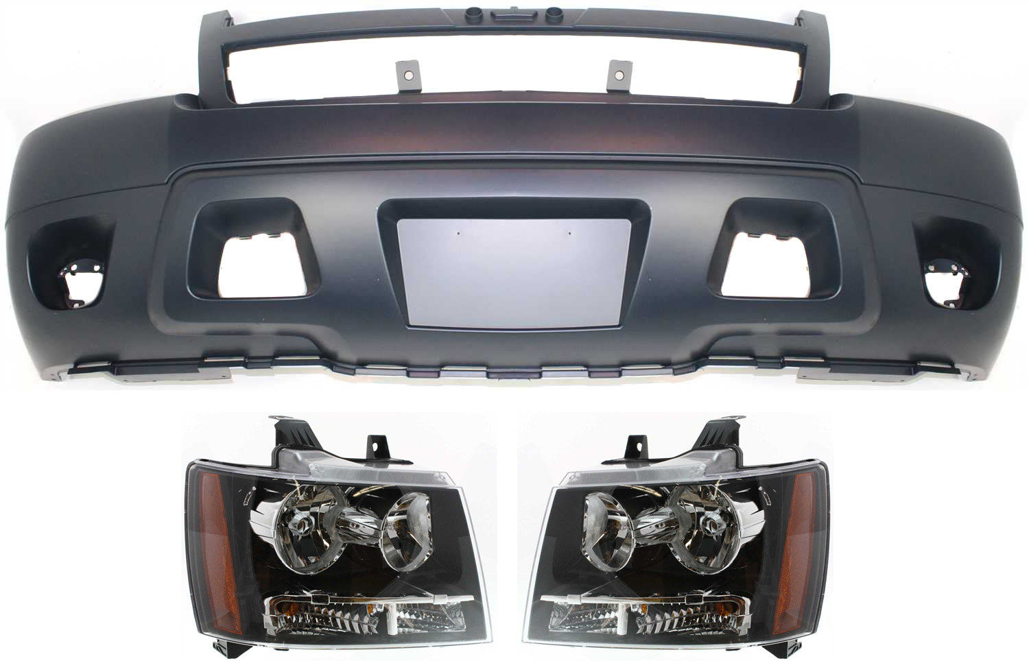 AM SUBURBAN 1500 TAHOE 07-14 HEAD LAMP RH AND LH Assembly Halogen 3 pc Kit with Bumper Cover w o Off Road Pkg SKU KIT 022518-58 Partslink GM2503263 GM2502263 GM1000817 OEM 22853026-22853025-25814570
