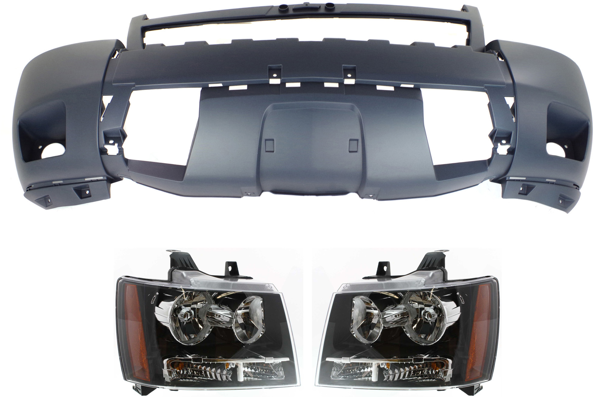 AM SUBURBAN 1500 TAHOE 07-14 HEAD LAMP RH AND LH Assembly Halogen 3 pc Kit with Bumper Cover SKU KIT 022518-59 Partslink GM2503263 GM2502263 GM1000830 OEM 22853026-22853025-25830185