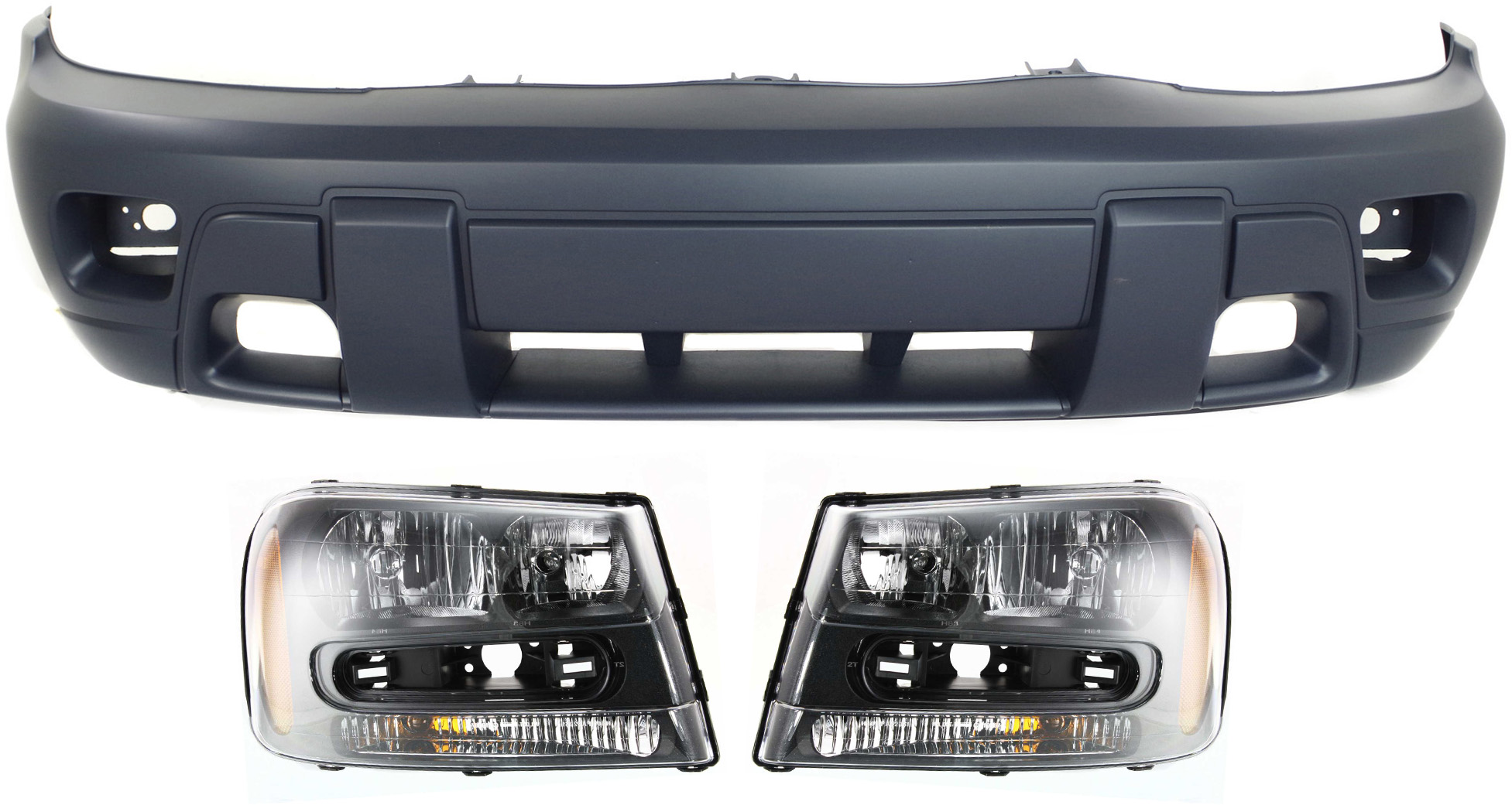 AM TRAILBLAZER 02-05 HEAD LAMP RH AND LH Assembly Halogen 3 pc Kit with Bumper Cover SKU KIT 022518-62 Partslink GM2502213 GM2503213 GM1000672 OEM 25970915-25970914-88943617