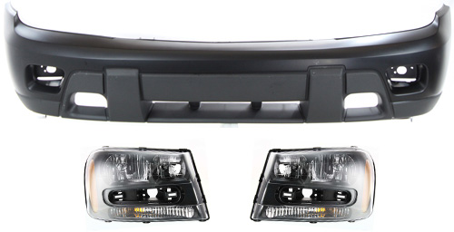 AM TRAILBLAZER 02-07 FRONT BUMPER COVER 3 pc Kit with Headlights SKU KIT 022518-63 Partslink GM1000639 GM2503213 GM2502213 OEM 88937047-25970914-25970915