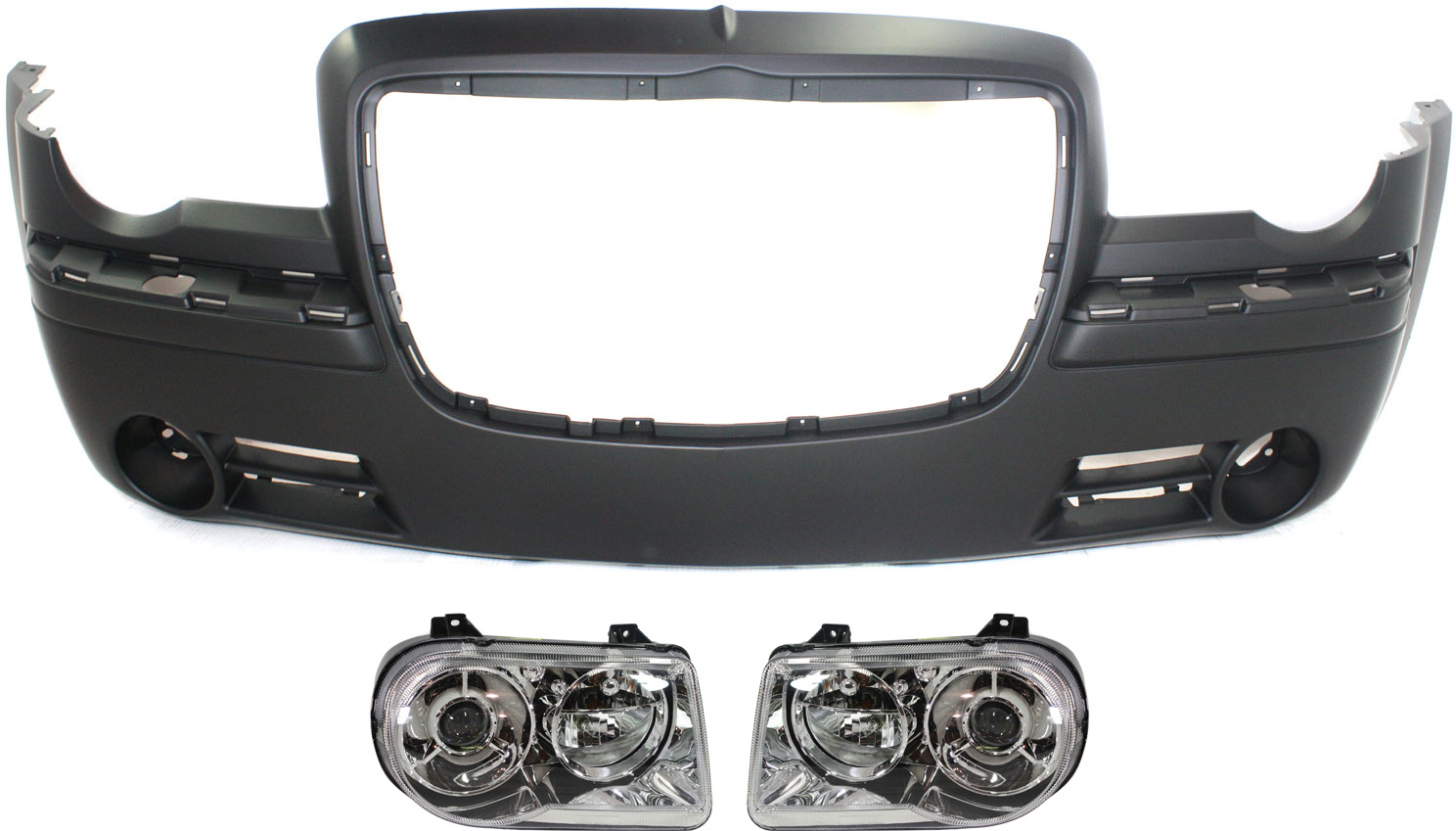 AM CHRYSLER 300-05-10 FRONT BUMPER COVER 3 pc Kit with Headlights SKU KIT 022518-66 Partslink CH1000441 OEM 4805774AD 57010863AA PFM 48058