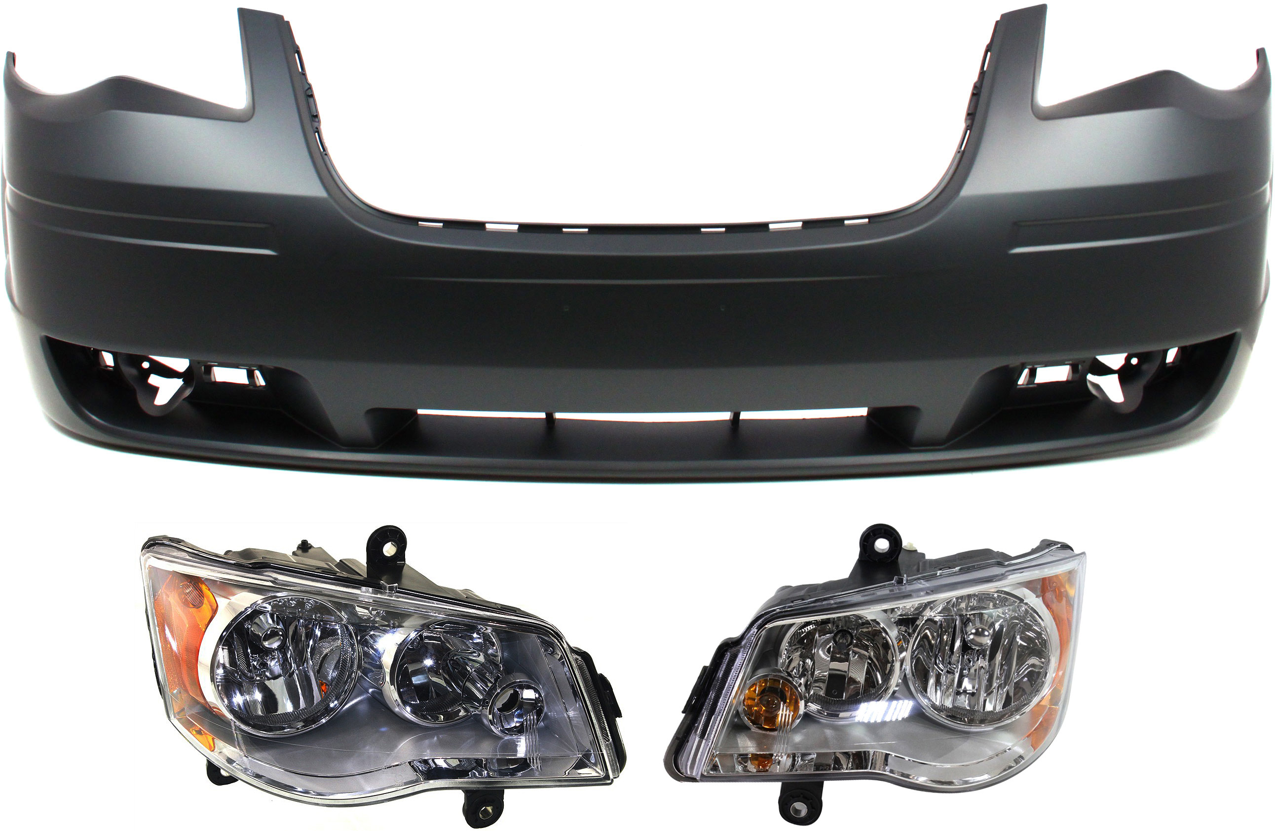 AM TOWN COUNTRY 08-10 HEAD LAMP RH AND LH Assembly Halogen 3 pc Kit with Bumper Cover SKU KIT 022518-73 Partslink CH1000927C CH2502192C CH2503192C OEM 1BG23TZZAB 5113336AI 5113336AG