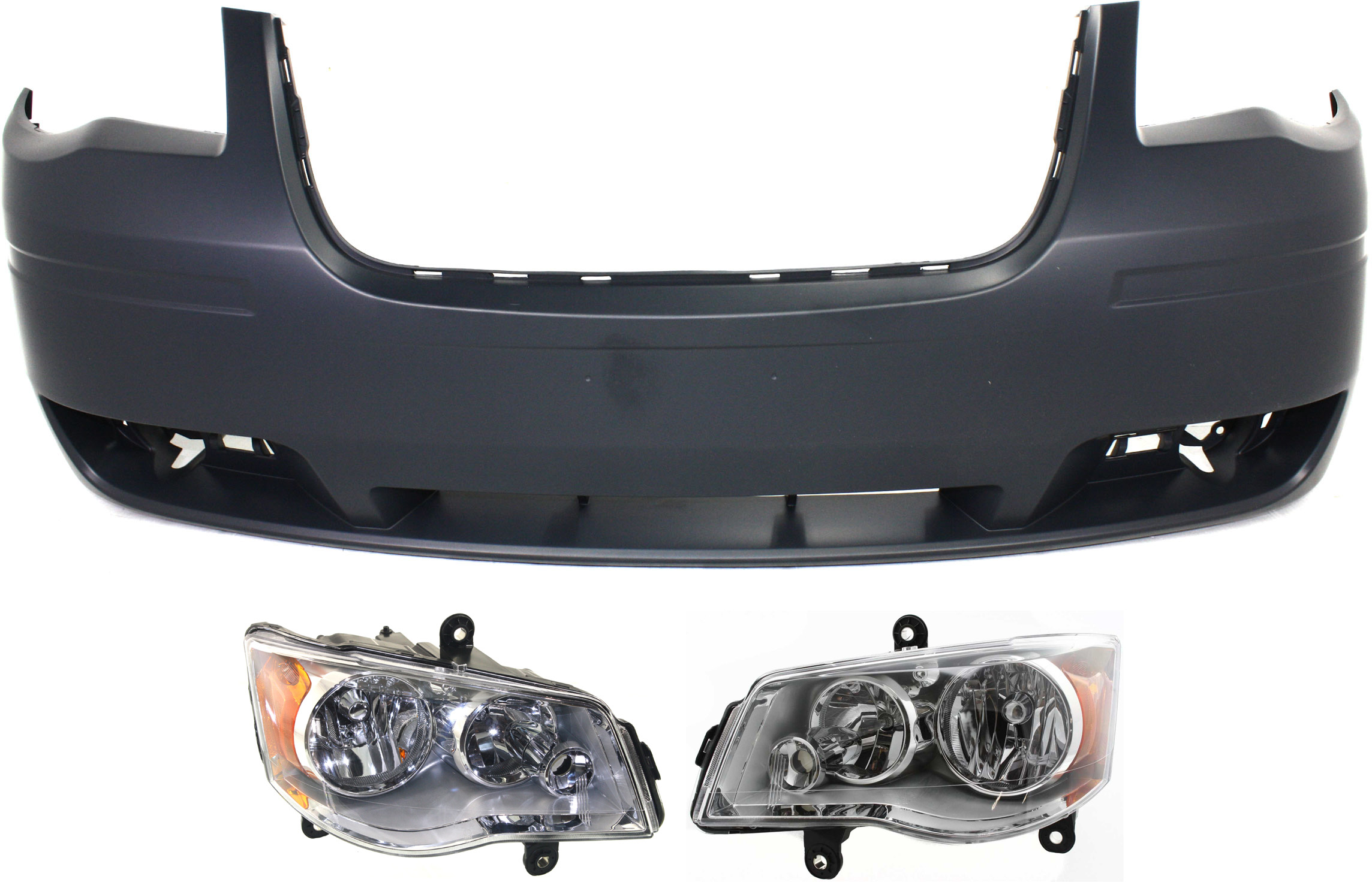 AM TOWN COUNTRY 08-10 FRONT BUMPER COVER 3 pc Kit Primed with Headlights SKU KIT 022518-79 Partslink CH1000927 CH2502192 CH2503192 OEM 1BG23TZZAB 5113337AI 5113337AG