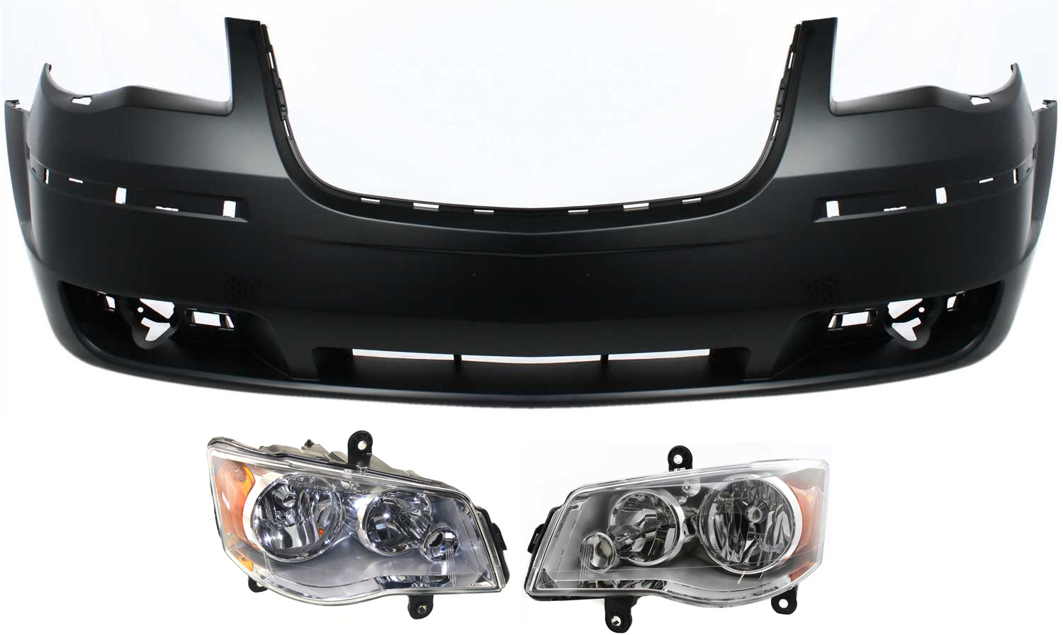 AM TOWN COUNTRY 08-10 FRONT BUMPER COVER 3 pc Kit Primed with Headlights SKU KIT 022518-85 Partslink CH1000930 CH2502192 CH2503192 OEM 1KG12TZZAC 5113337AI 5113337AG
