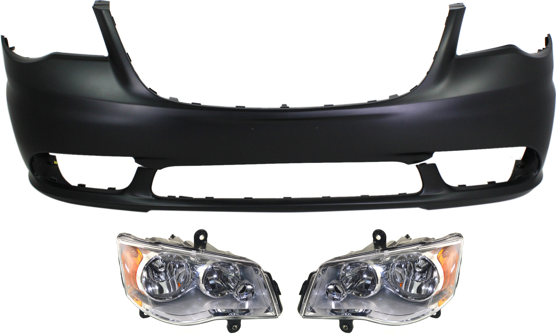 AM TOWN COUNTRY 11-16 HEAD LAMP RH AND LH Assembly Halogen 3 pc Kit with Bumper Cover SKU KIT 022518-87 Partslink CH2503192 CH2502192 CH1000990 OEM 5113336AI 5113336AG 5113337AI