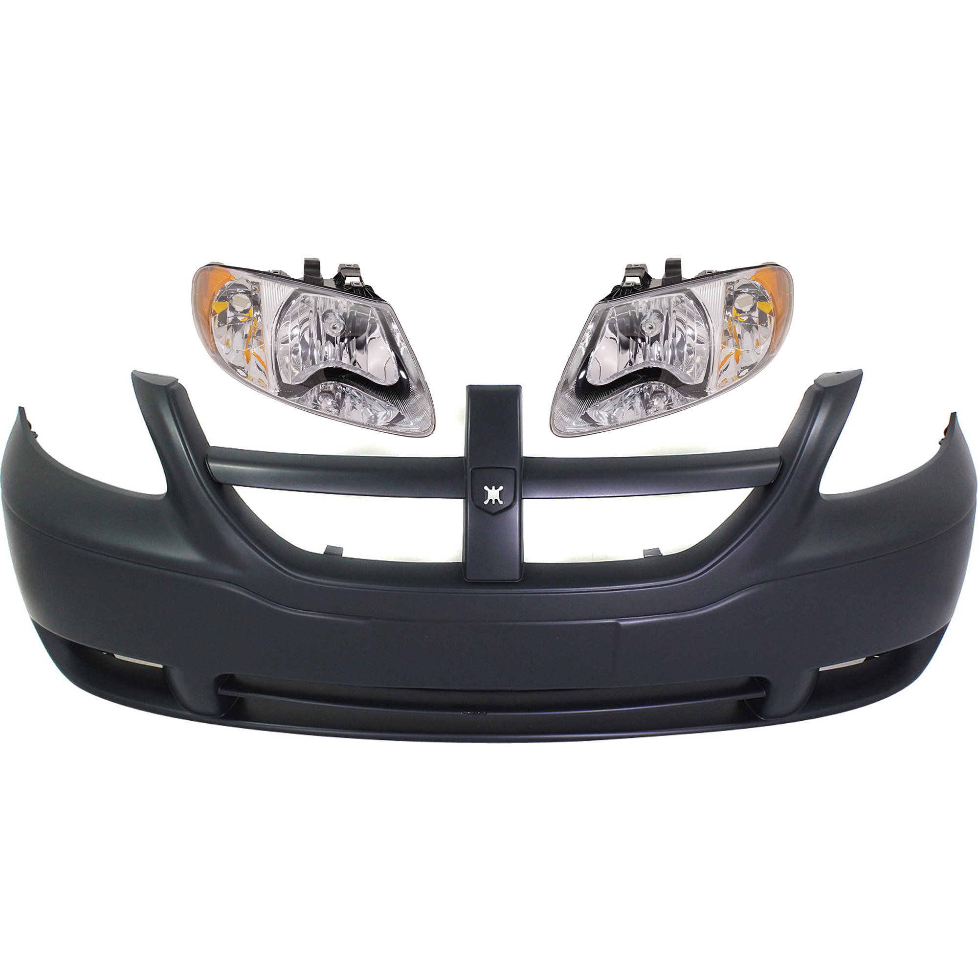 AM CARAVAN GRAND CARAVAN 05-07 FRONT BUMPER COVER 3 pc Kit with Headlights SKU KIT 022518-92 Partslink CH1000431 OEM 5139117AA 4857701AC PFM 485770