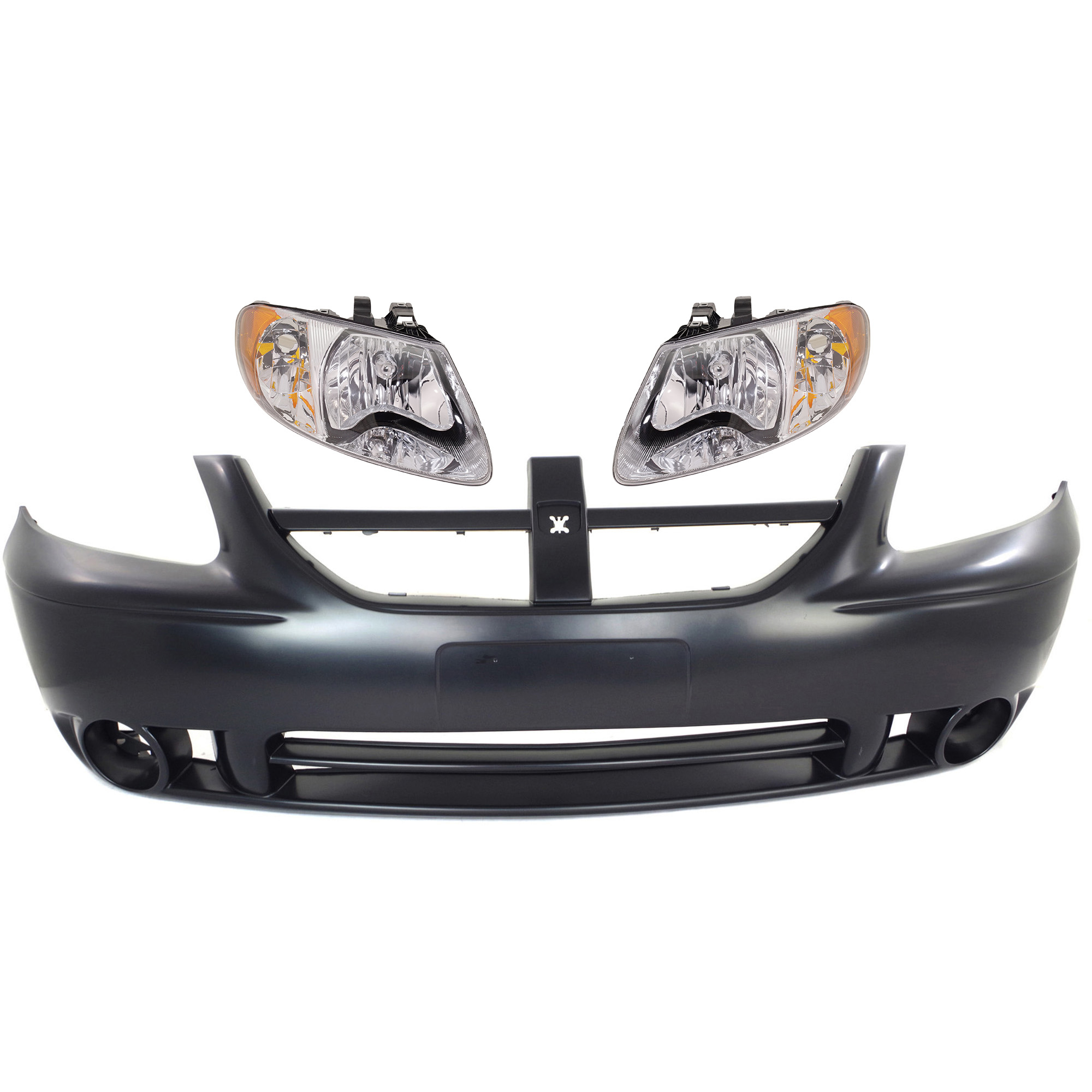 AM CARAVAN GRAND CARAVAN 05-07 FRONT BUMPER COVER 3 pc Kit with Headlights SKU KIT 022518-93 Partslink CH1000430 OEM 5139118AA 4857701AC PFM 485770
